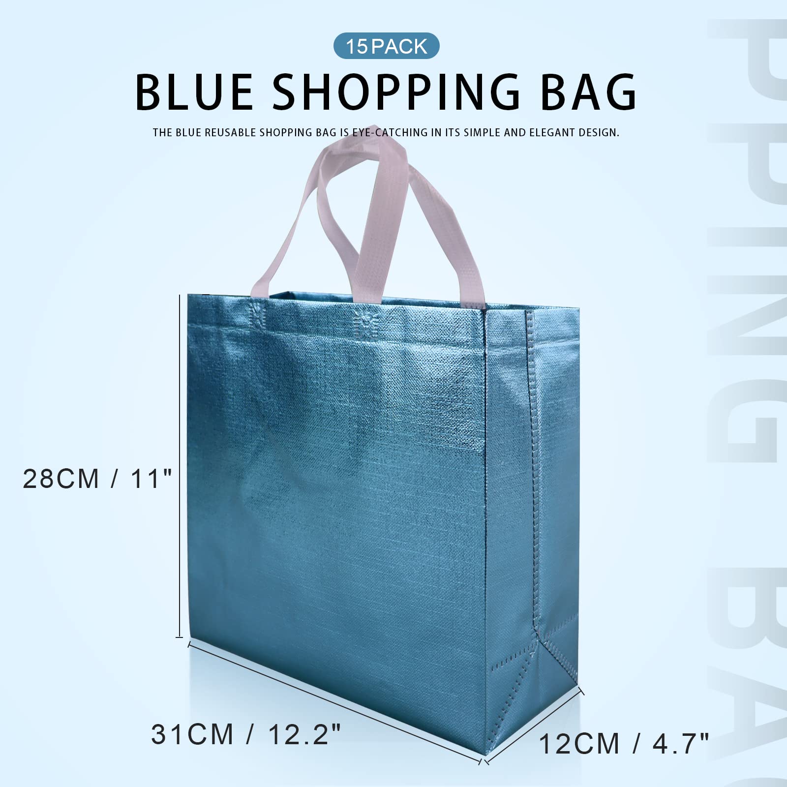 CHENGBAI 15-Pack Blue Metallic Shimmer Reusable Tote Gift Bags with Handles - Bulk Party Favor Bags for Birthdays, Weddings, Christmas & Holiday Gifting - Perfect for Gift Wrapping, Party Decorations & Event Favors