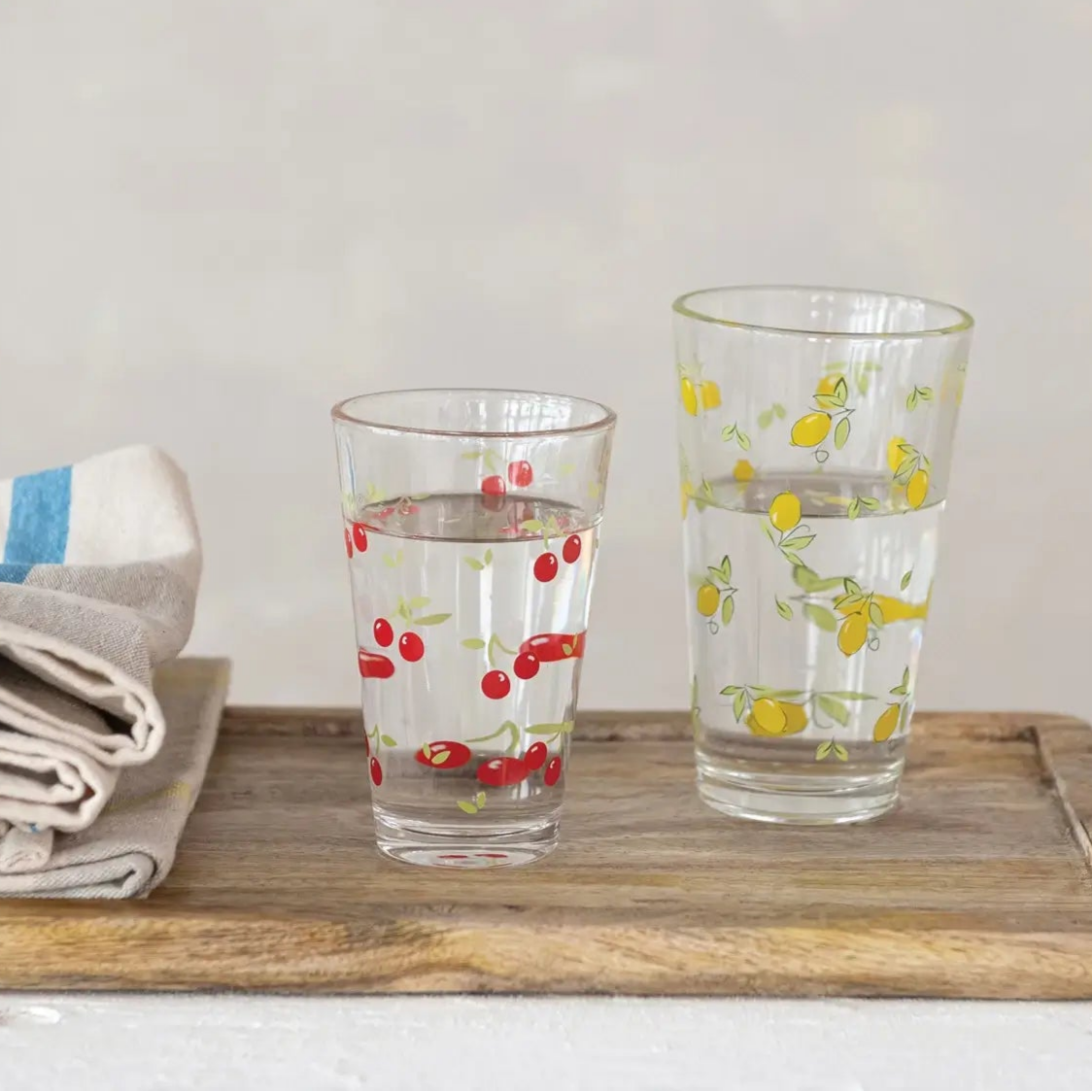 Lemons & Cherries Drinking Glass Set - 6-Piece Colorful Citrus & Fruit Pattern Tumblers for Iced Tea, Lemonade & Summer Beverages - Perfect for Parties, Picnics & Home Decor