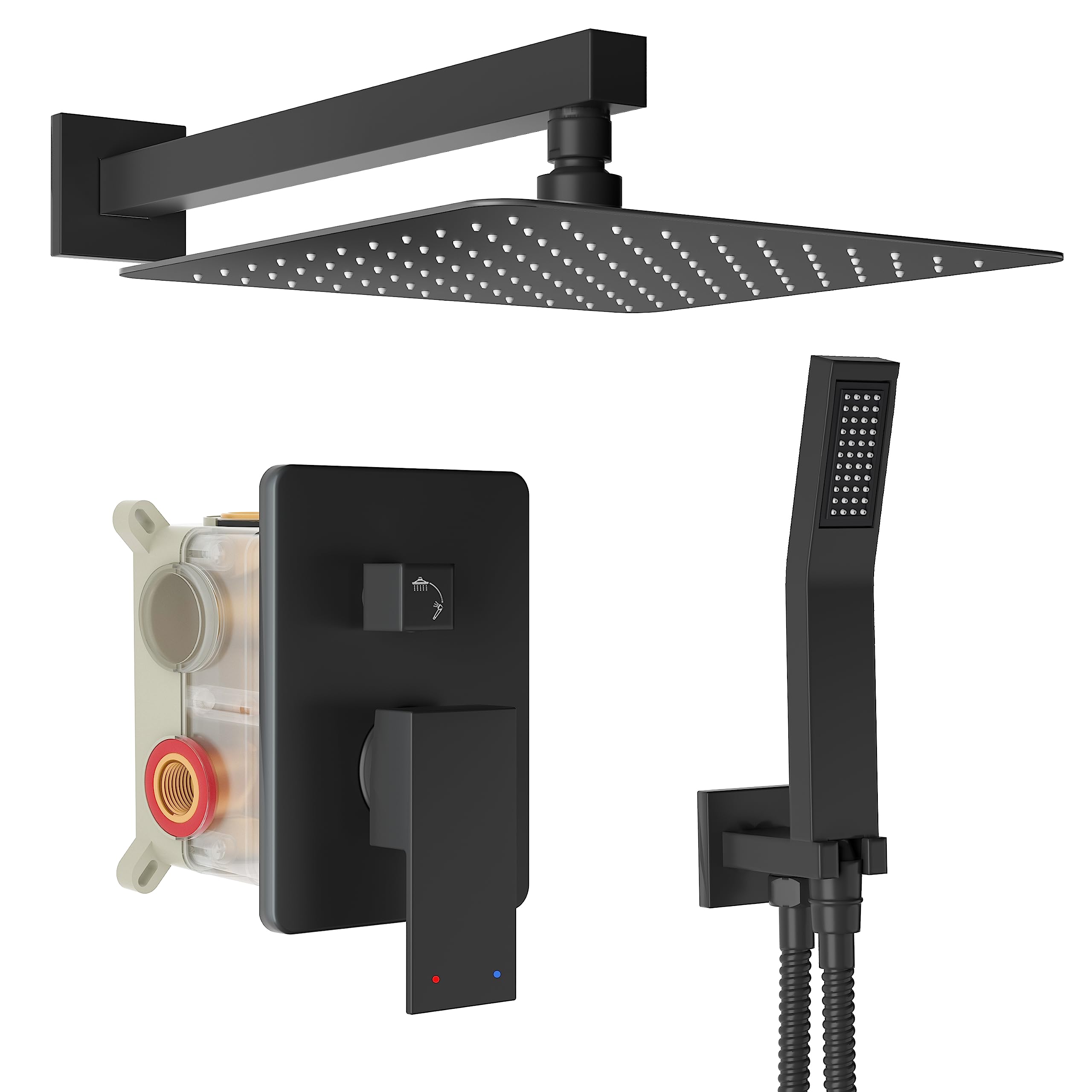Premium Matte Black Shower System - 10 Inch High Pressure Rainfall Shower Head & Handheld Sprayer - Wall Mounted Bathroom Faucet Set with Rough-in Valve & Trim Kit - Perfect for Modern Master Bathrooms & Spa-Like Showers