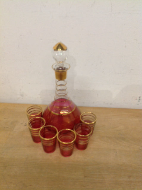 Vintage Pink Glass Decanter Set - 7 Piece Barware Collection for Whiskey, Wine & Cocktails | Elegant Home Bar Accessories & Gift Idea for Entertaining
