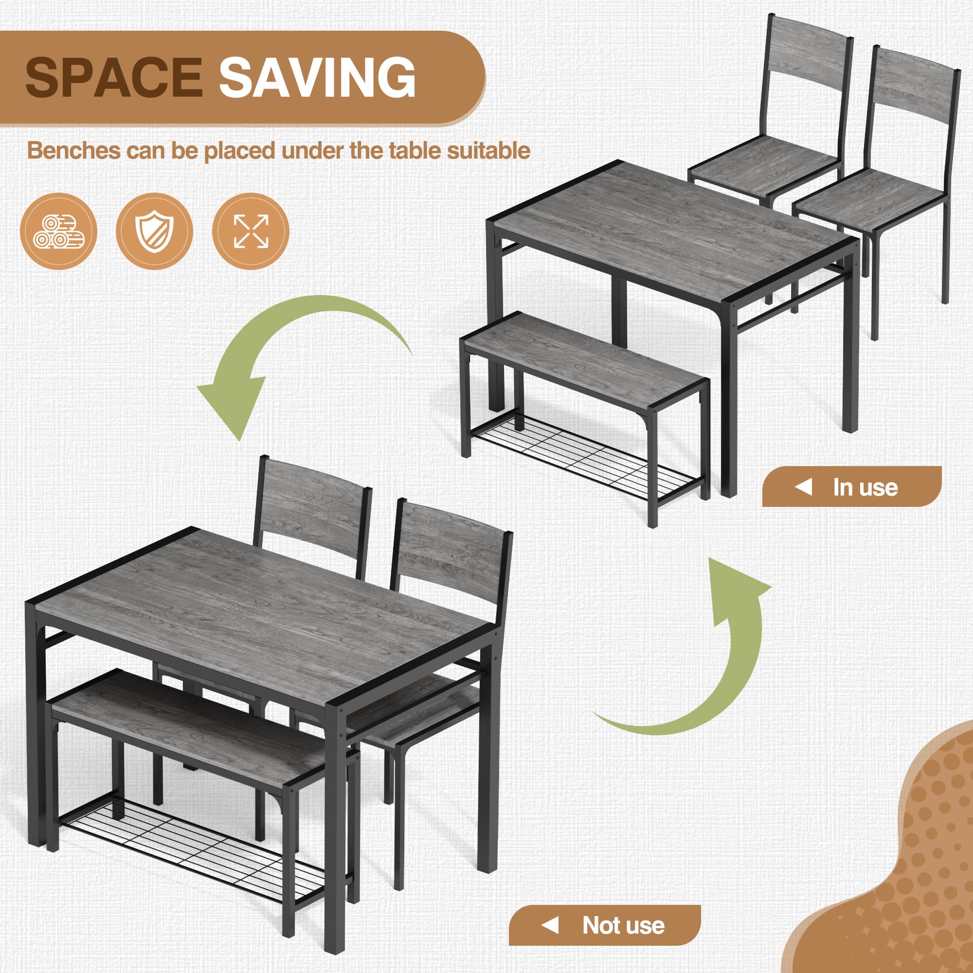 Modern 4-Piece Dining Table Set with Storage Bench & Chairs - Space-Saving Rectangular Kitchen Table for Small Apartments, Restaurants (Grey) | Perfect for Breakfast Nooks, Studio Living & Compact Dining Areas