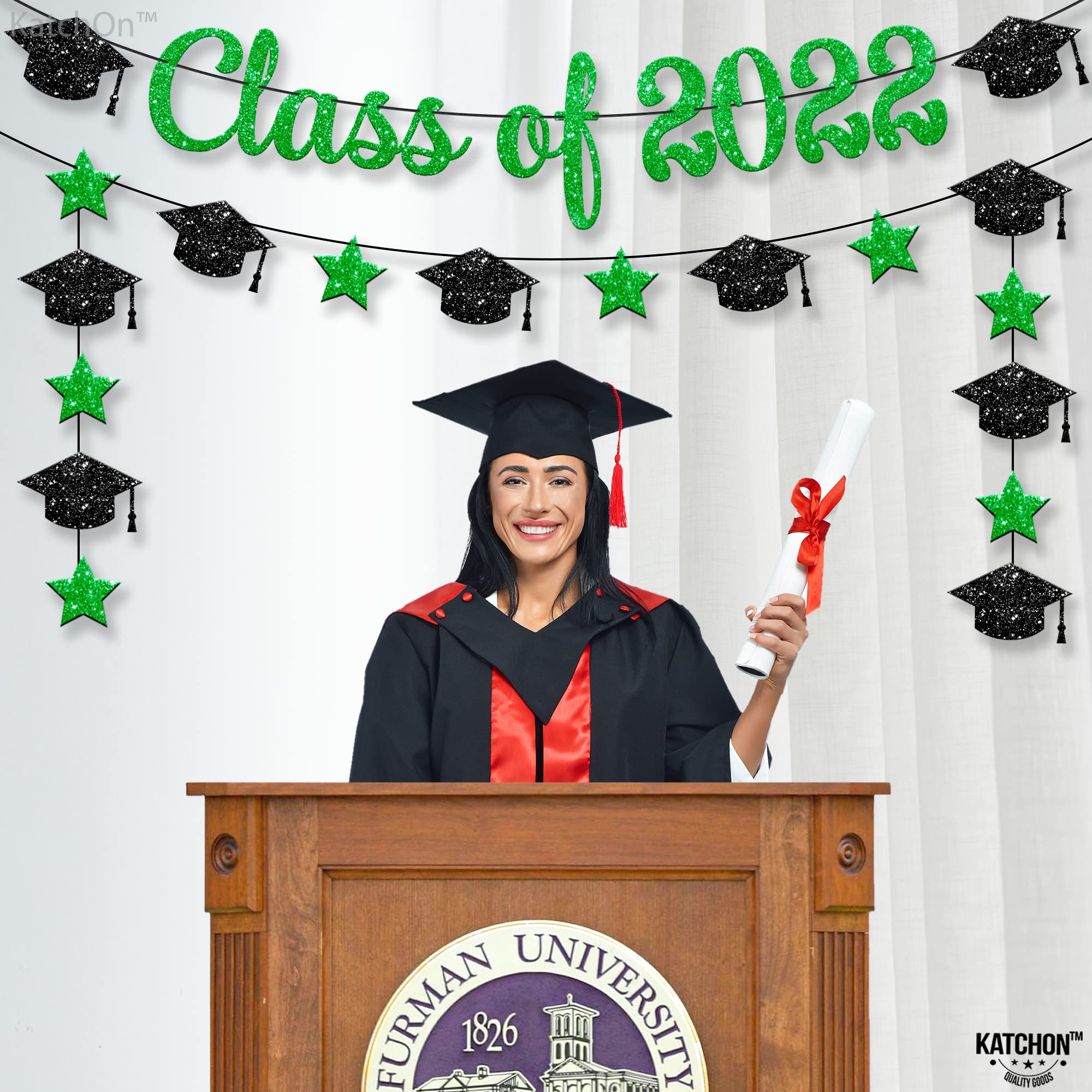 Class of 2022 Graduation Banner - 10ft Green Glitter Banner with Cap Garland | No DIY Graduation Party Decorations | Green & Black Graduation Decor for High School & College Graduation Ceremony | Perfect for Graduation Party Backdrop, Photo Booth & Wall Decor