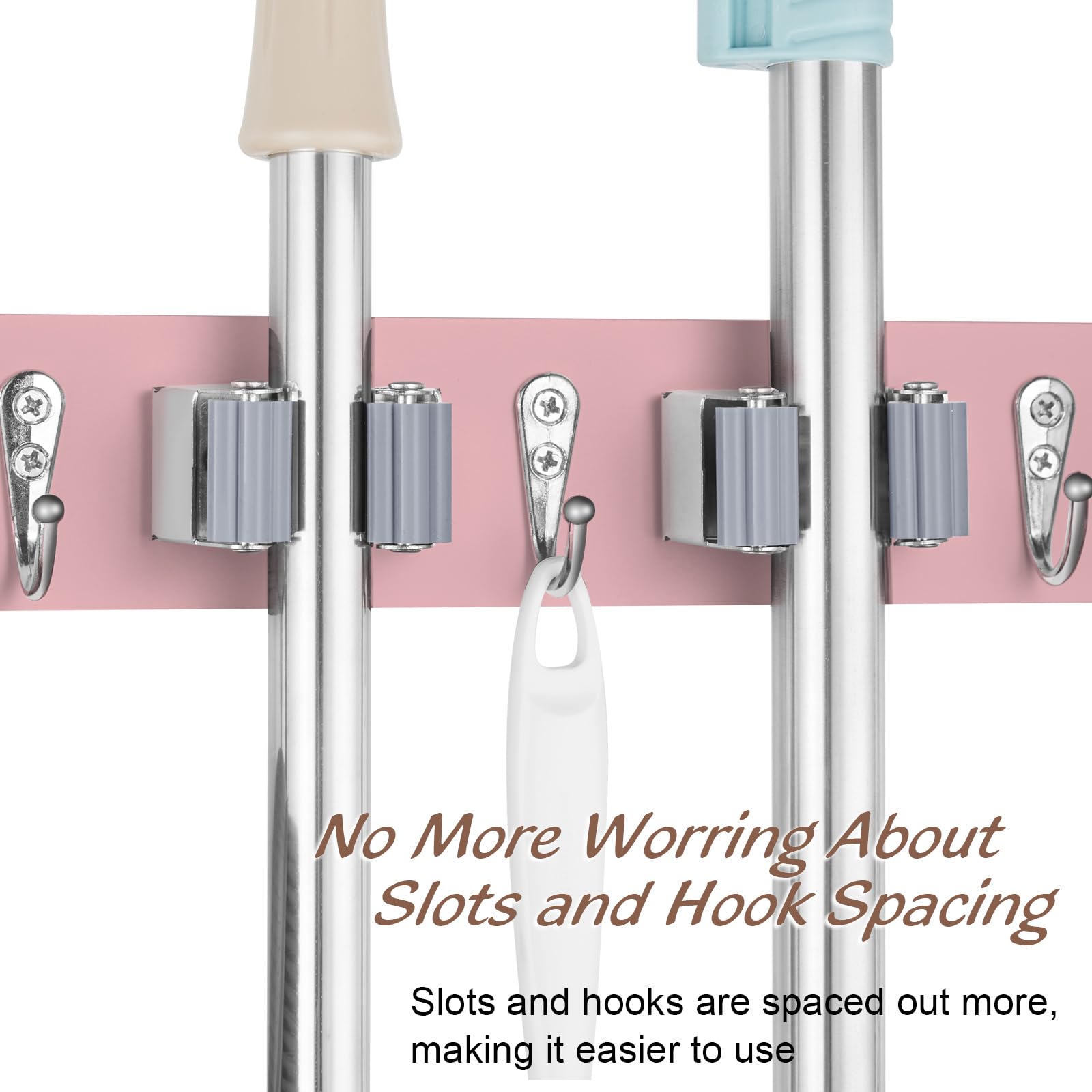 Pink Wall Mount Broom Holder with 4 Slots & 4 Hooks - Wooden Mop Hanger Organizer for Pantry, Closet, Laundry Room & Kitchen - Space Saving Storage Solution for Pink Kitchen Decor - Perfect for Small Spaces and Home Organization