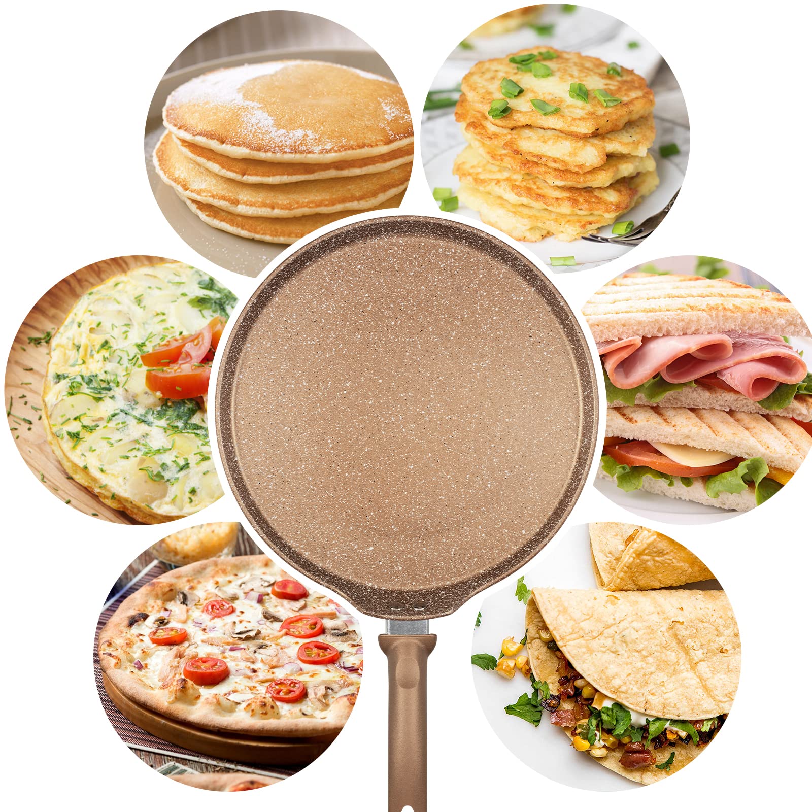 Nonstick 10 Inch Crepe Pan - Granite Coating Flat Skillet for Dosa, Tawa, Tortilla, Pancake & Roti - Induction Compatible PFOA-Free Cookware with Stay-Cool Handle - Perfect for Breakfast, Indian Cooking & Mexican Cuisine
