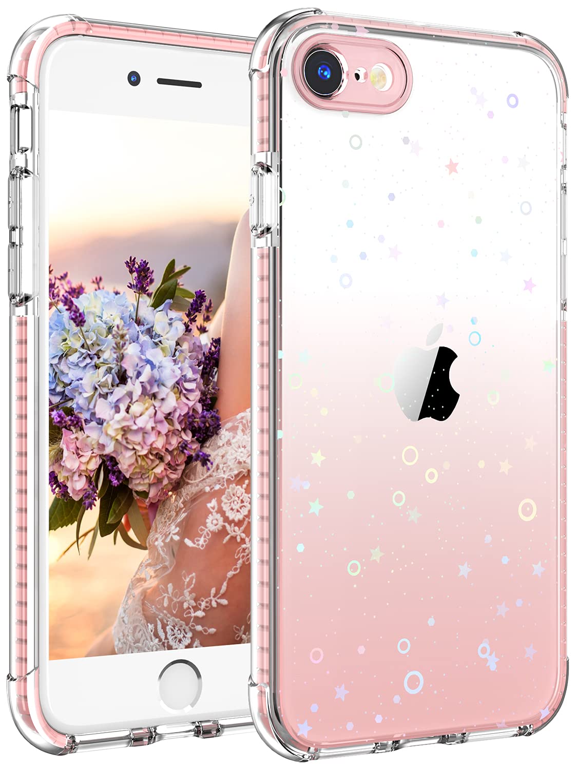 Premium Glitter Clear iPhone 7/8/SE (2020) Case - Slim Fit Shockproof Drop Protection Cover for Women & Girls | Twinkle Stars Pink Design | Perfect for Everyday Use, School & Gift Giving