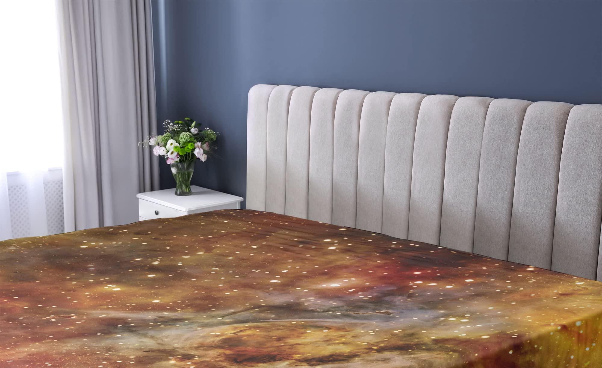 Lunarable Outer Space Fitted Sheet - Queen Size Galaxy Print Bedding with Deep Pocket, Black Orange Yellow Nebula Star Cluster Design | Perfect for Astronomy Lovers, Kids' Room Decor & Space Themed Bedrooms