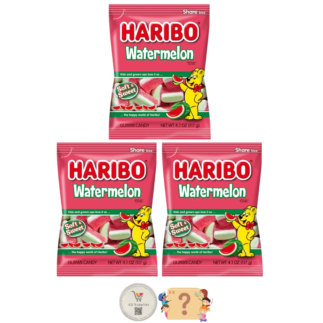 Haribo Gummy Candy - Soft & Chewy Watermelon Flavored Gummies, 4 oz Pack of 3 (12 oz Total) - Perfect for Parties, Halloween Treats & Office Snacks