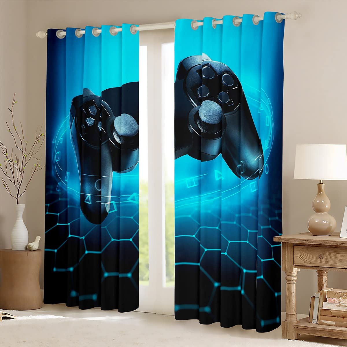 Erosebridal Black & Blue Video Game Controller Curtains for Boys - 2 Panel Set (38