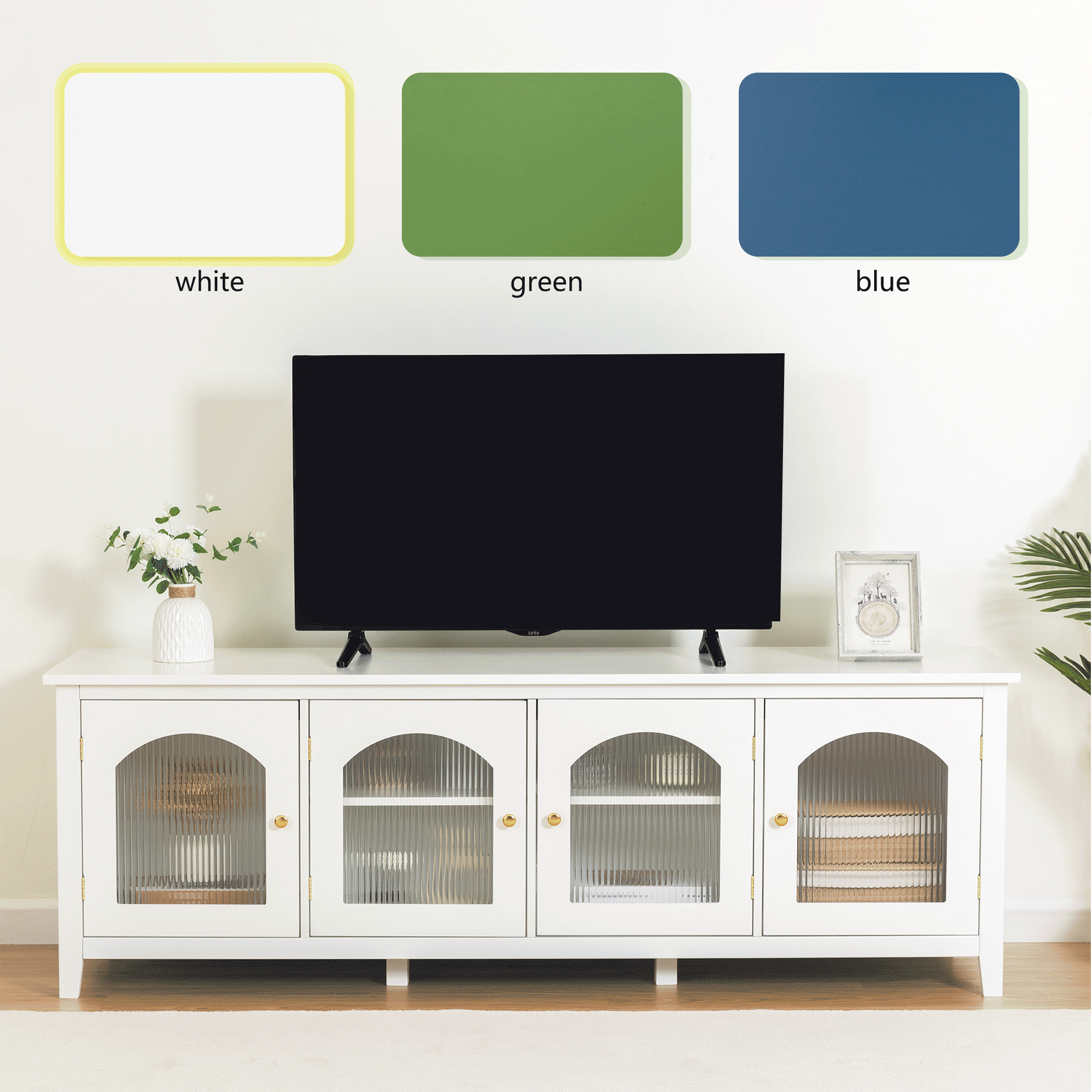 71 Inch Stylish TV Stand Entertainment Center with Solid Wood Frame & Changhong Glass Door - Antique Green Media Console for Living Room, Bedroom, Kids Room - Perfect for Home Theater Setup & Modern Decor