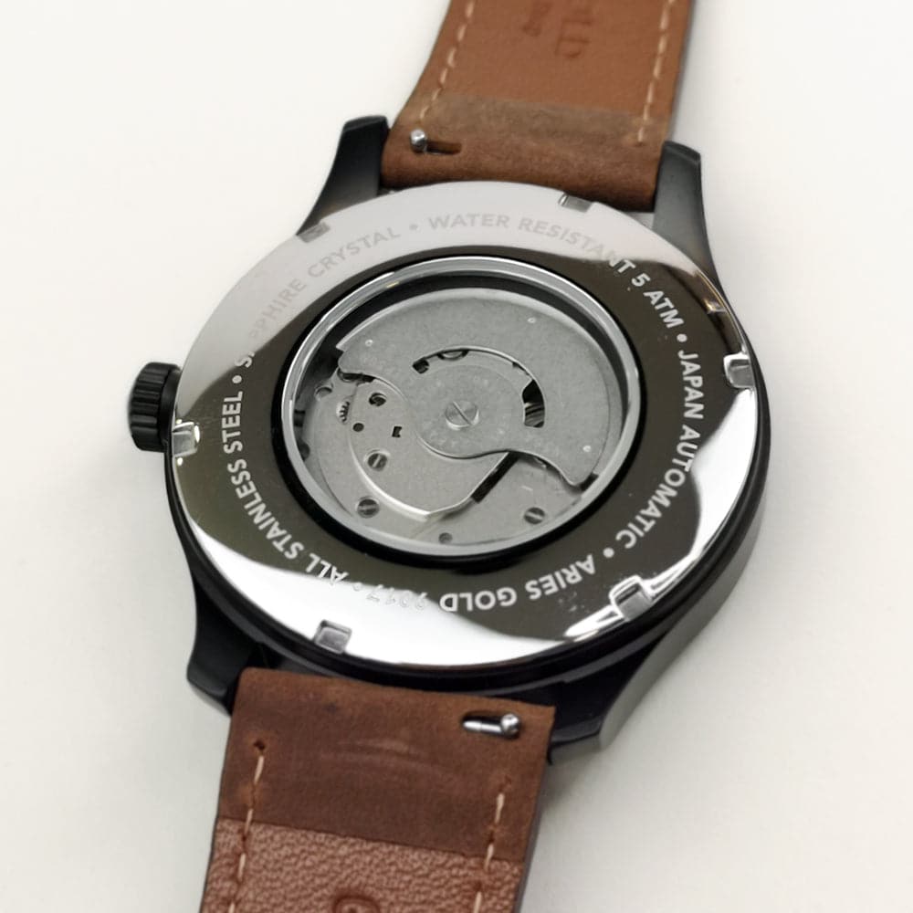 ARIES GOLD Automatic Men's Watch - Black Stainless Steel Case with Brown Leather Strap (Model G 9017 BK BK) - Luxury Dress Watch for Business, Formal Events & Everyday Wear