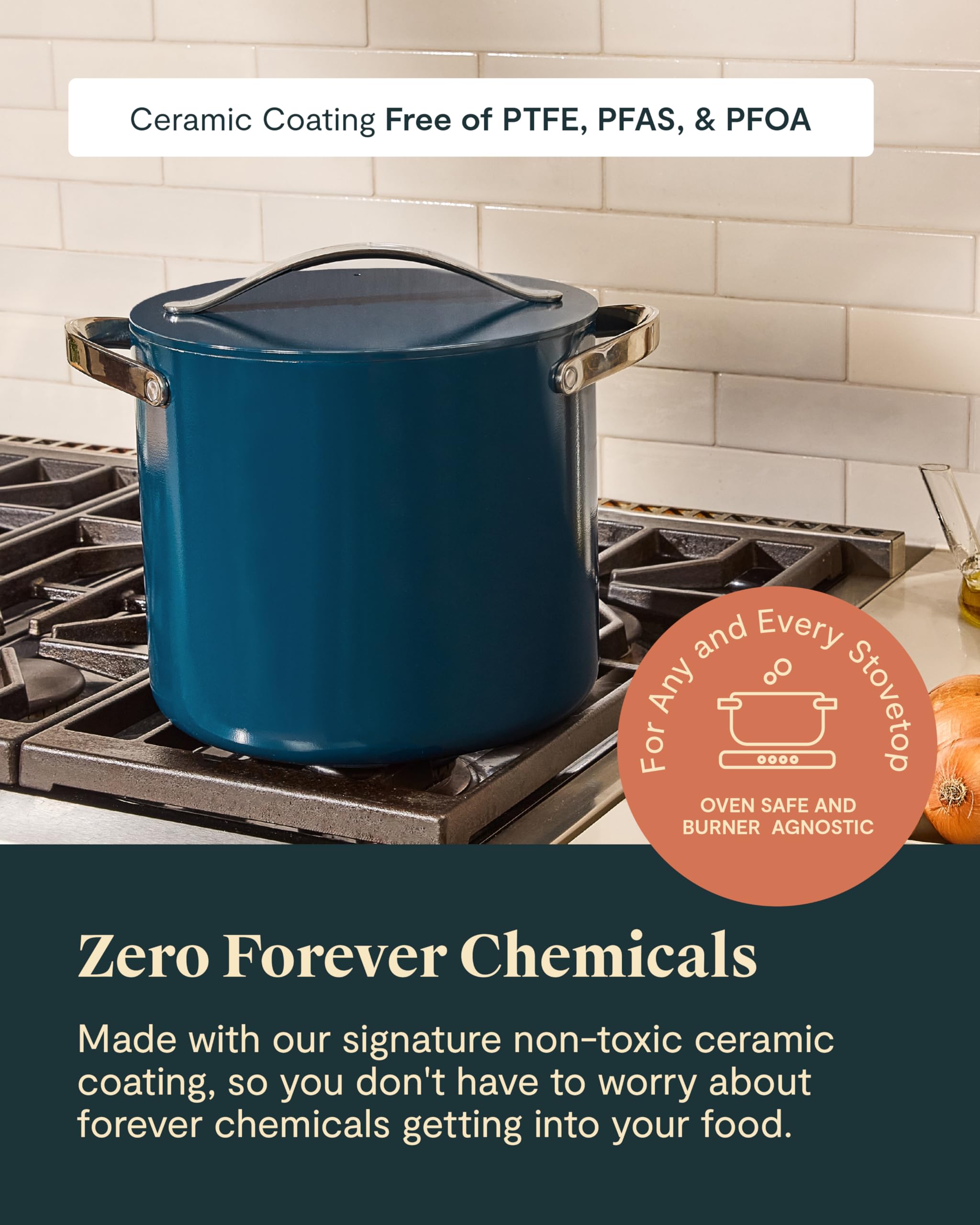 Caraway 12 Qt Ceramic Coated Stock Pot with Lid - PFAS-Free Non-Toxic Cookware - Large Capacity Cooking Pot for Soups, Stews & Family Meals - Navy Blue
