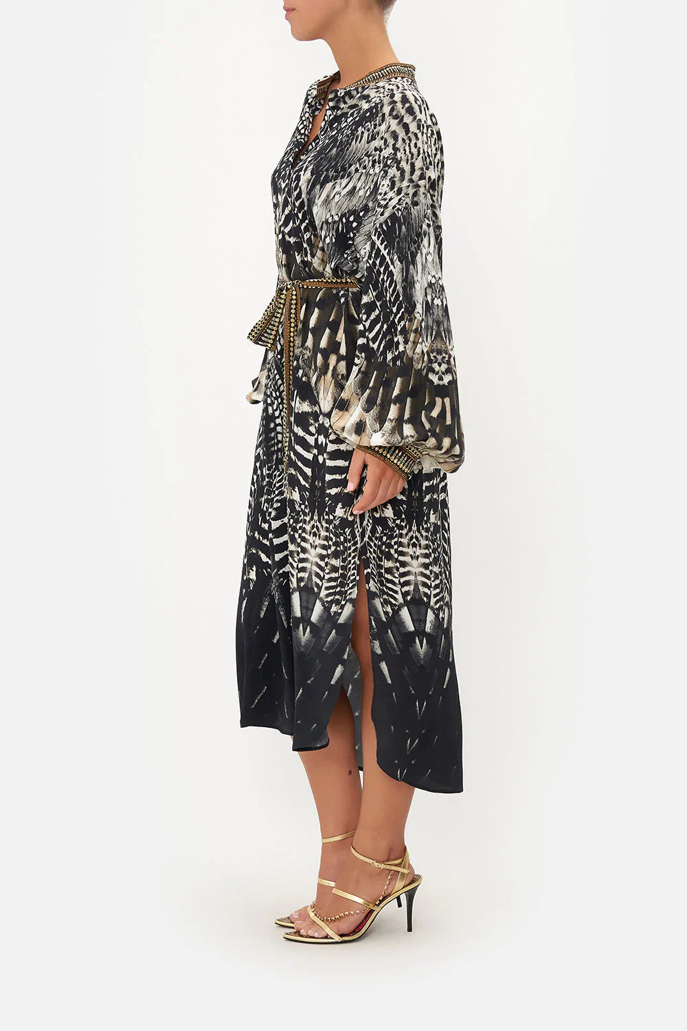 Blouson Sleeve Placket Dress - Elegant Night Owl Print Women's Fashion for Evening Parties & Date Nights