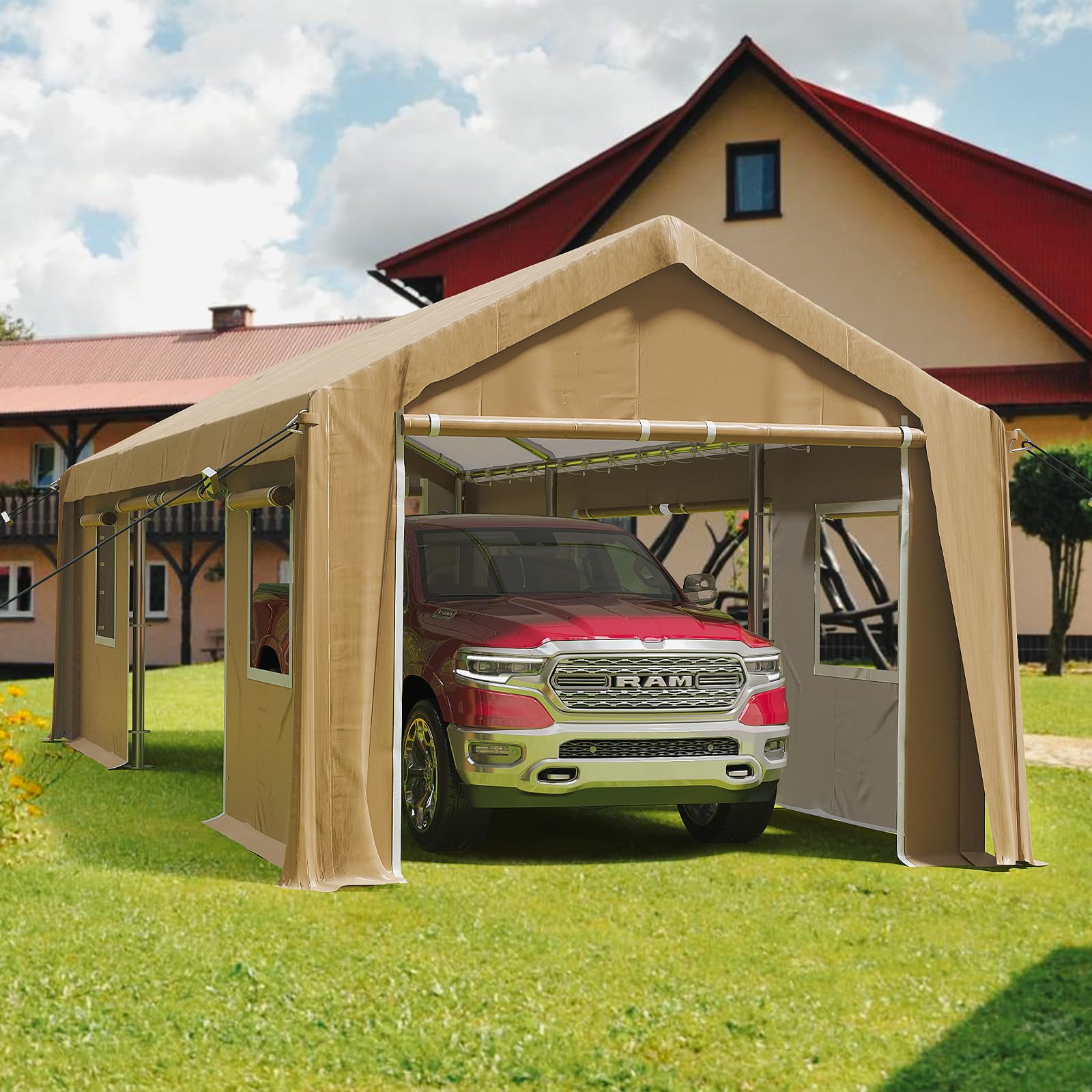13'x20' Heavy Duty Carport Canopy - Portable Garage with 4 Roll-Up Doors & 4 Windows - Waterproof All-Season Outdoor Storage Shed for Car, Truck, Boat - Earthy Yellow | Perfect for Vehicle Protection, RV Cover & Backyard Storage