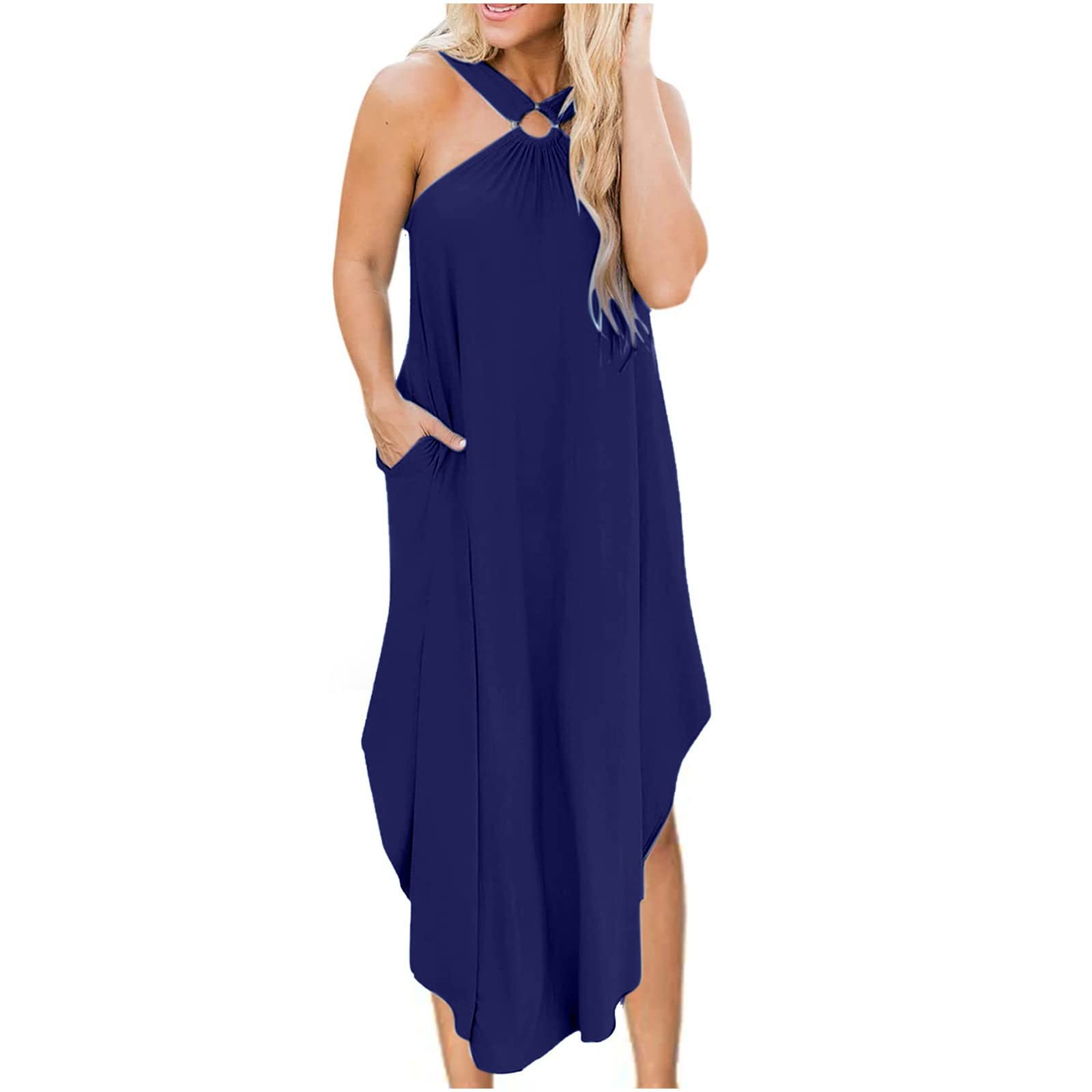 FAVIPT Women's Summer Casual Halter Neck Midi Dress - Solid Color Sleeveless Cami Tunic with Loose Fit & Irregular Hem | Perfect for Beach Vacations, Date Nights & Summer Outings