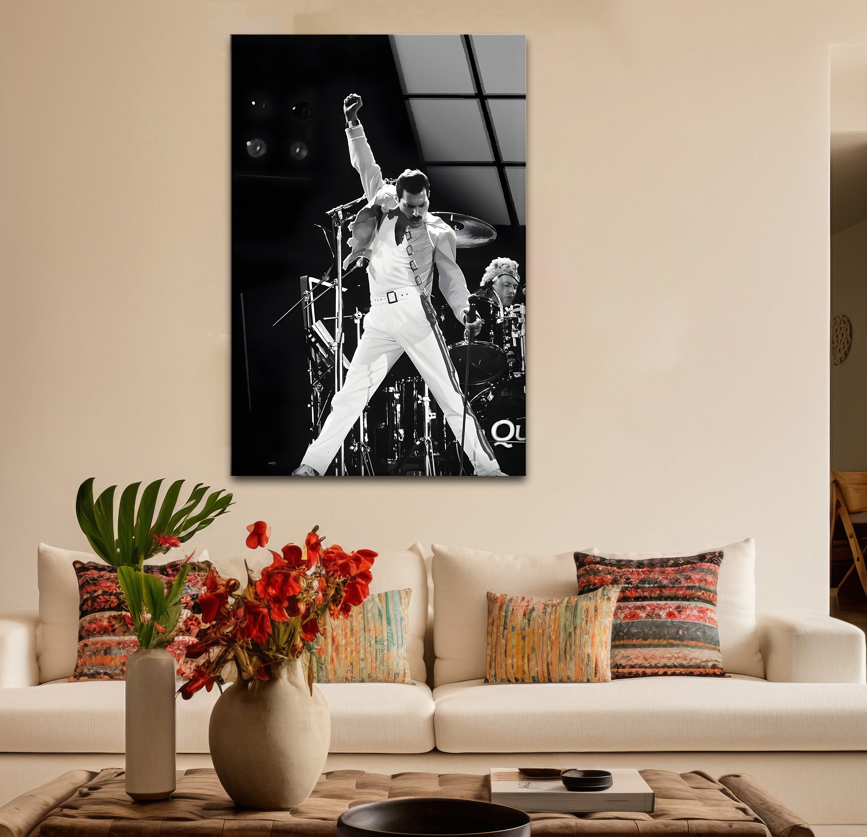 Freddie Mercury Glass Wall Art - Black & White Queen Band Tribute for Home & Office Decor - Perfect for Music Lovers & Retro Style Interiors