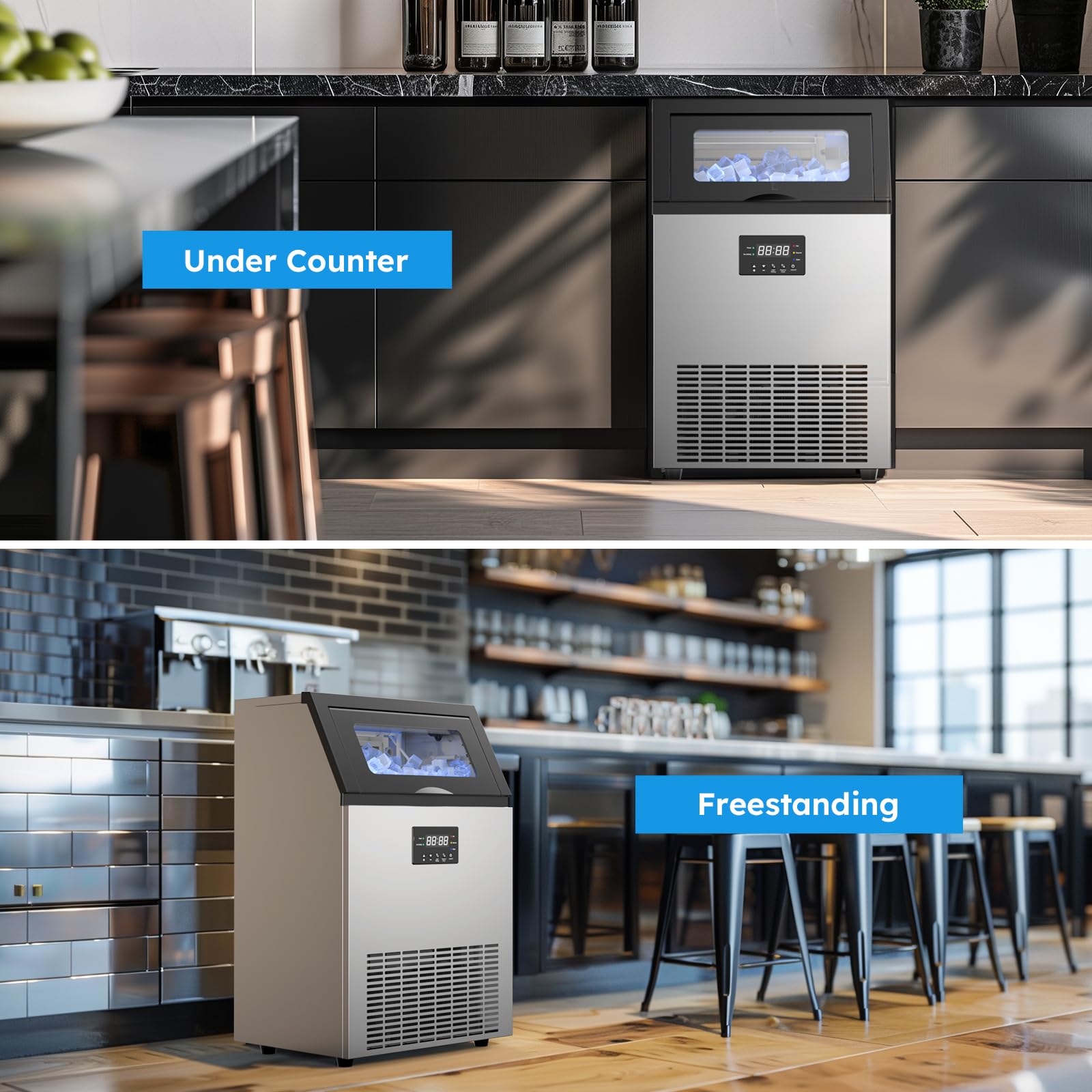 Commercial Ice Maker 200Lbs/24H with 50LBS Storage Bin - Fast 55 Ice Cubes in 8-12 Mins, Adjustable Thickness Under Counter Ice Machine for Bars, Restaurants, Coffee Shops & Home Use - Perfect for Cocktails, Beverages & Food Display