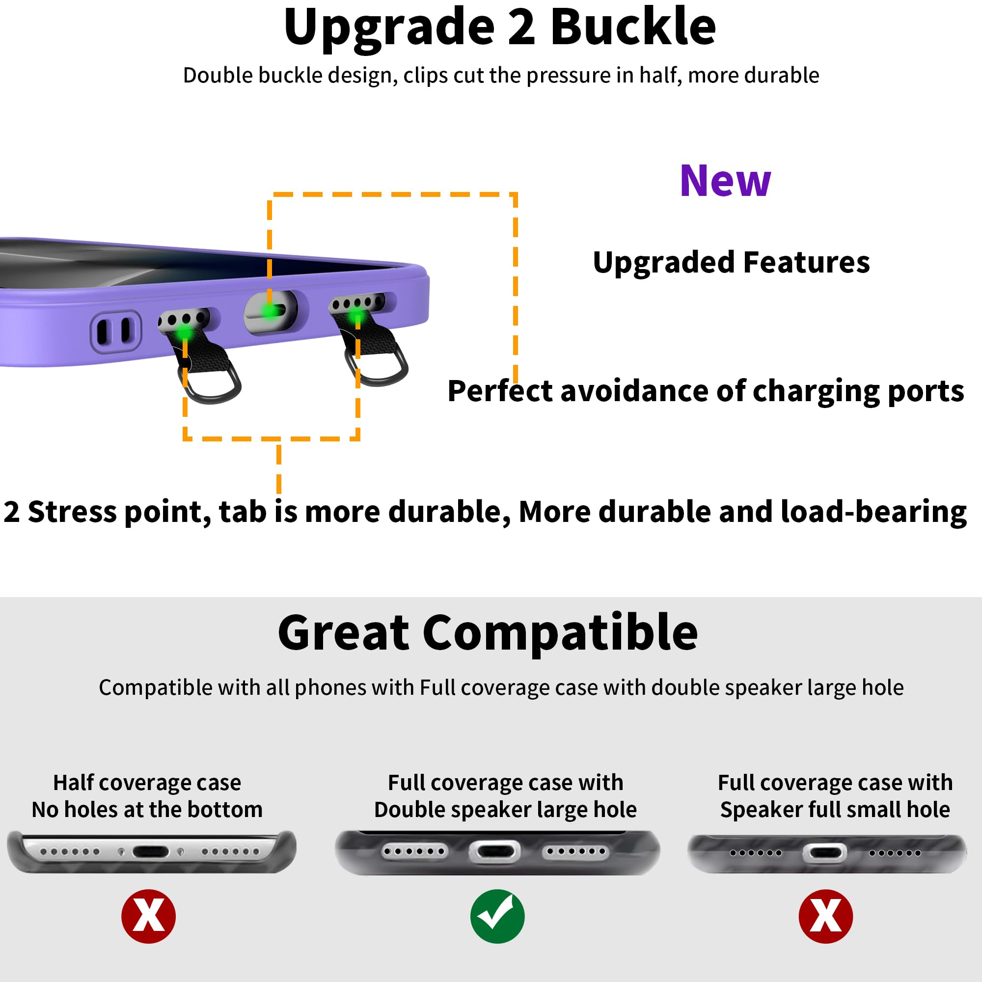 2 Way Phone Tether Tab for Full Cover Phone Case with Dual Speaker Holes - Small Black Phone Strap Patch with Double Buckle - Replacement Part for Secure Phone Attachment | Perfect for Outdoor Activities, Travel and Daily Use