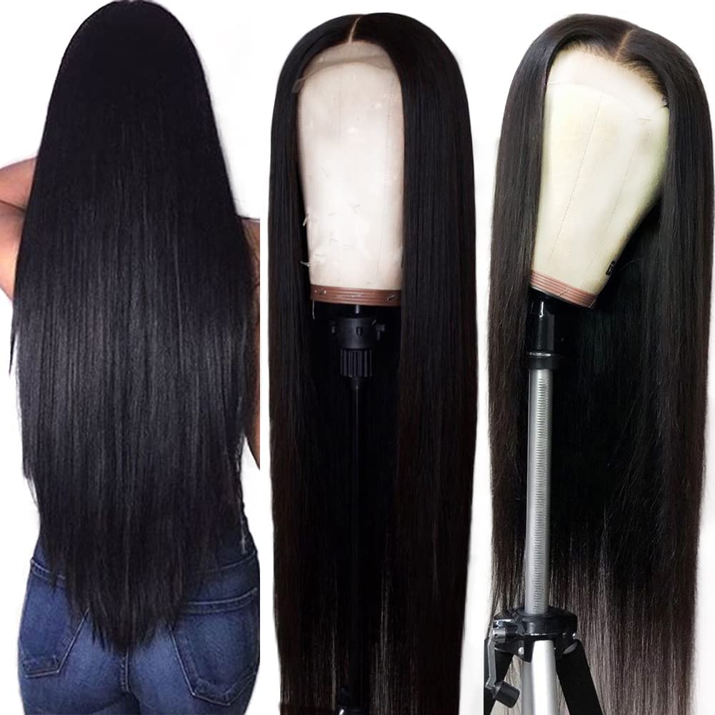 PORSMEER 24 Inch Long Black Lace Front Wig - Heat Resistant Synthetic Hair for Women, Natural Looking Straight Wig with Middle Parting | Perfect for Cosplay, Daily Wear & Special Occasions