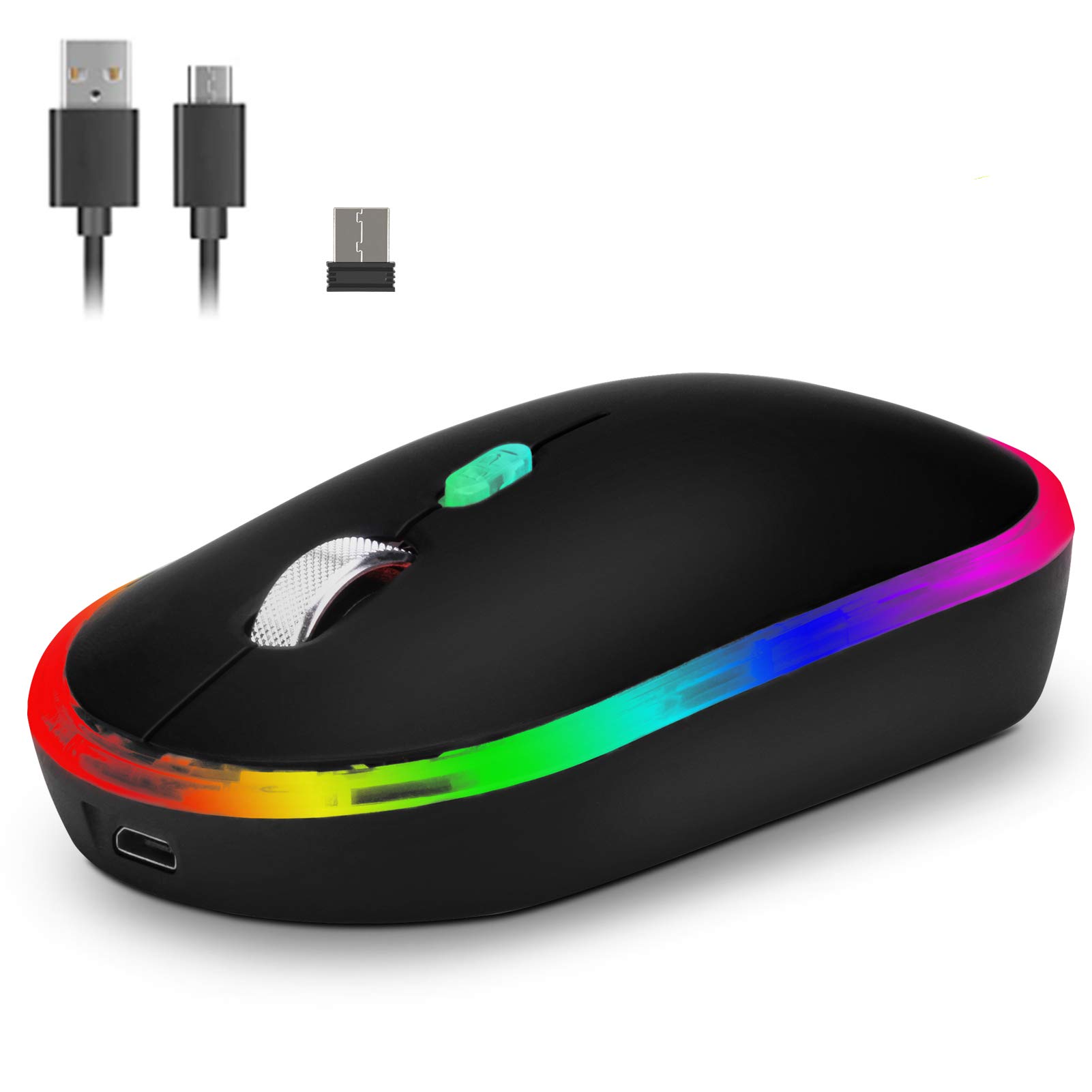Rechargeable Wireless Mouse with LED Light - 2.4G USB & Type-C Receiver, Silent Ergonomic Computer Mouse for PC, Laptop, MacBook, Chromebook - Perfect for Office, Home, Gaming & Travel (Black)