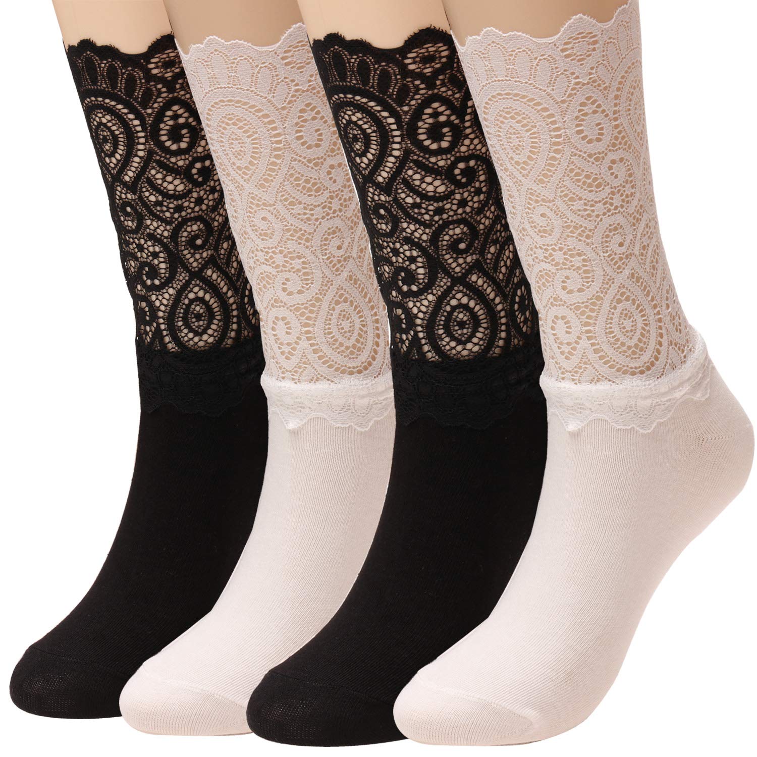 TINTAO 4 Pairs Women's Lace Frilly Ruffle Ankle Socks - Cute Princess Style Socks for Girls & Women - Perfect for Parties, Weddings & Everyday Fashion
