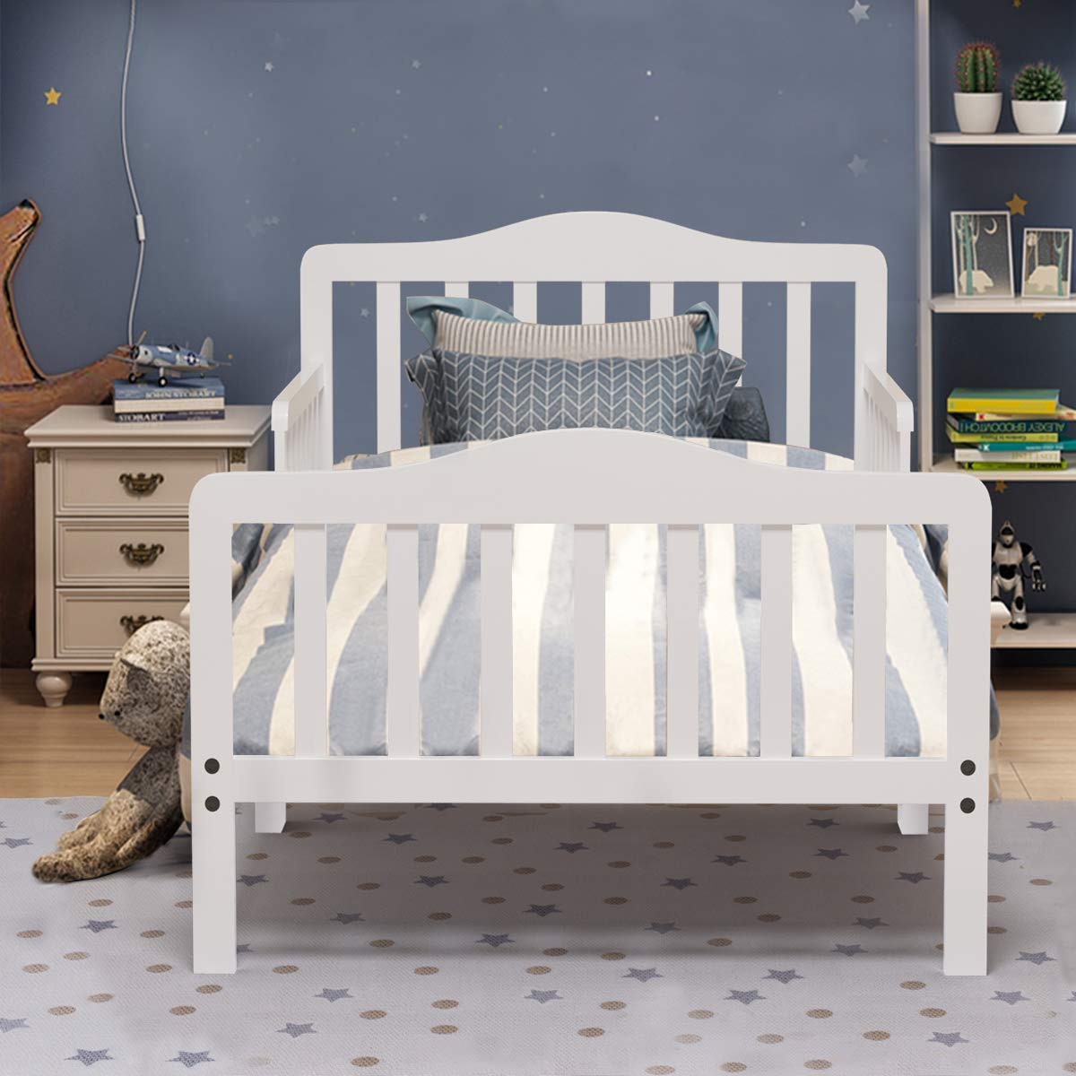 Costzon Toddler Wood Bed Frame with Safety Guardrail - White | Kids Bedroom Furniture for Boys & Girls