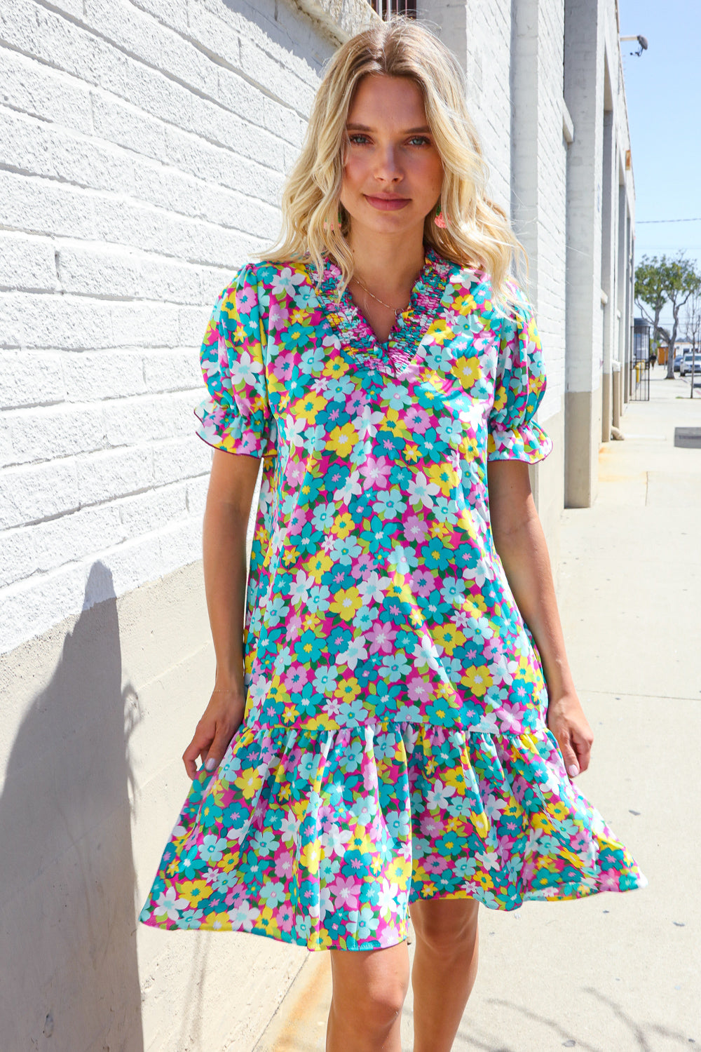 Elegant Blue Smocked Notch Neck Babydoll Floral Print Dress - Perfect for Summer Parties, Weddings & Date Nights