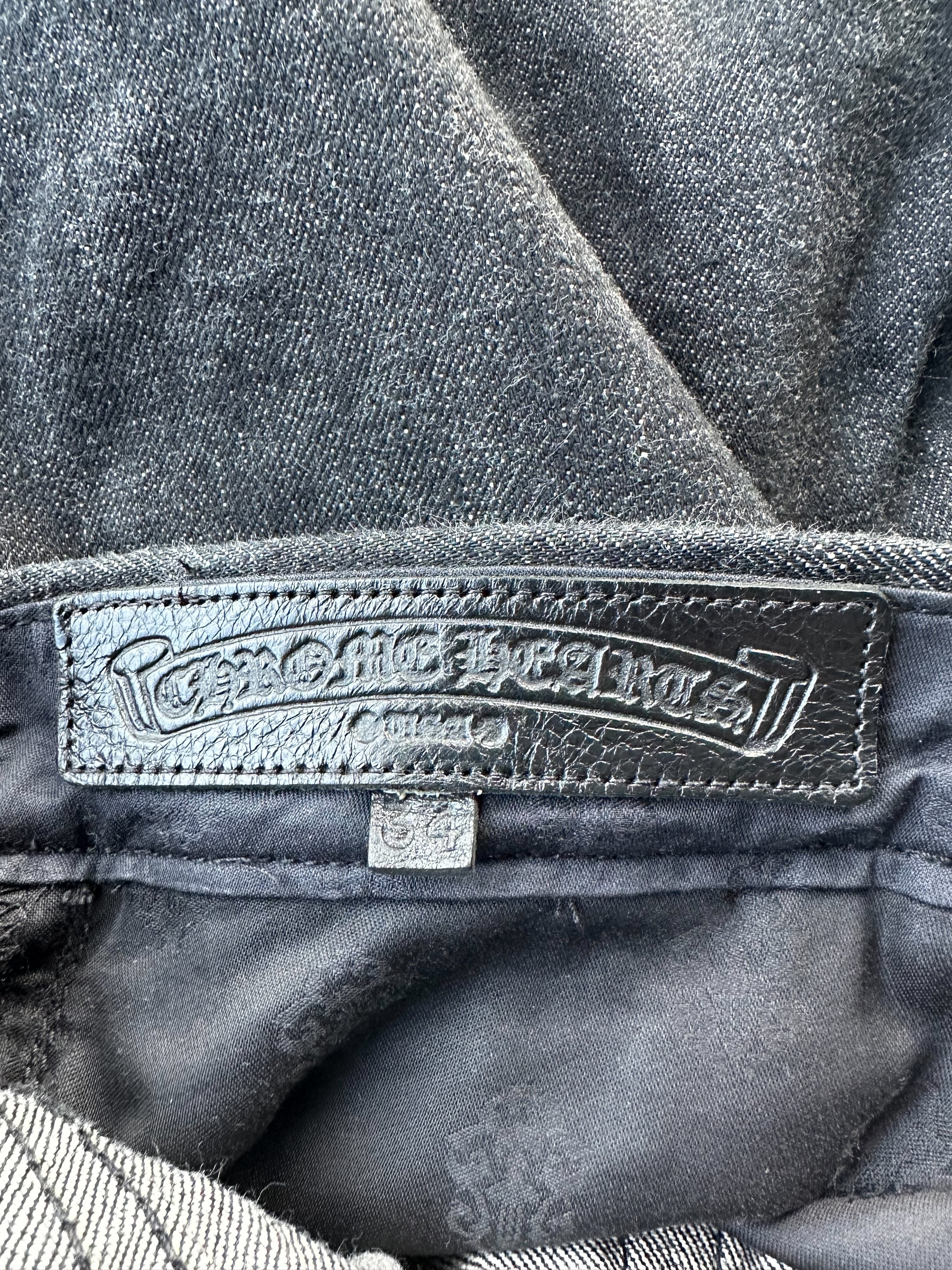 Chrome Hearts Grey & Black Star Patch Fleur Knee Jeans - Vintage Distressed Denim for Men & Women | Perfect for Streetwear & Casual Outfits