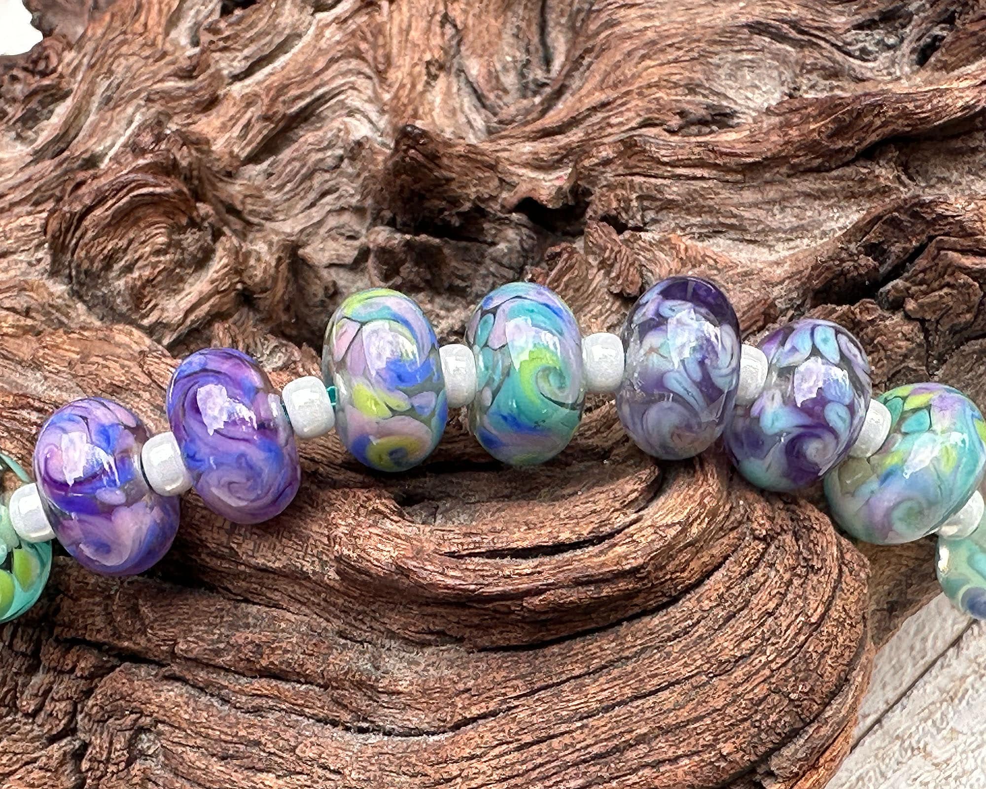 14-Piece Purple and Green Twisted Lampwork Glass Beads Set for Jewelry Making - DIY Bracelets, Necklaces, and Crafts (SRA)