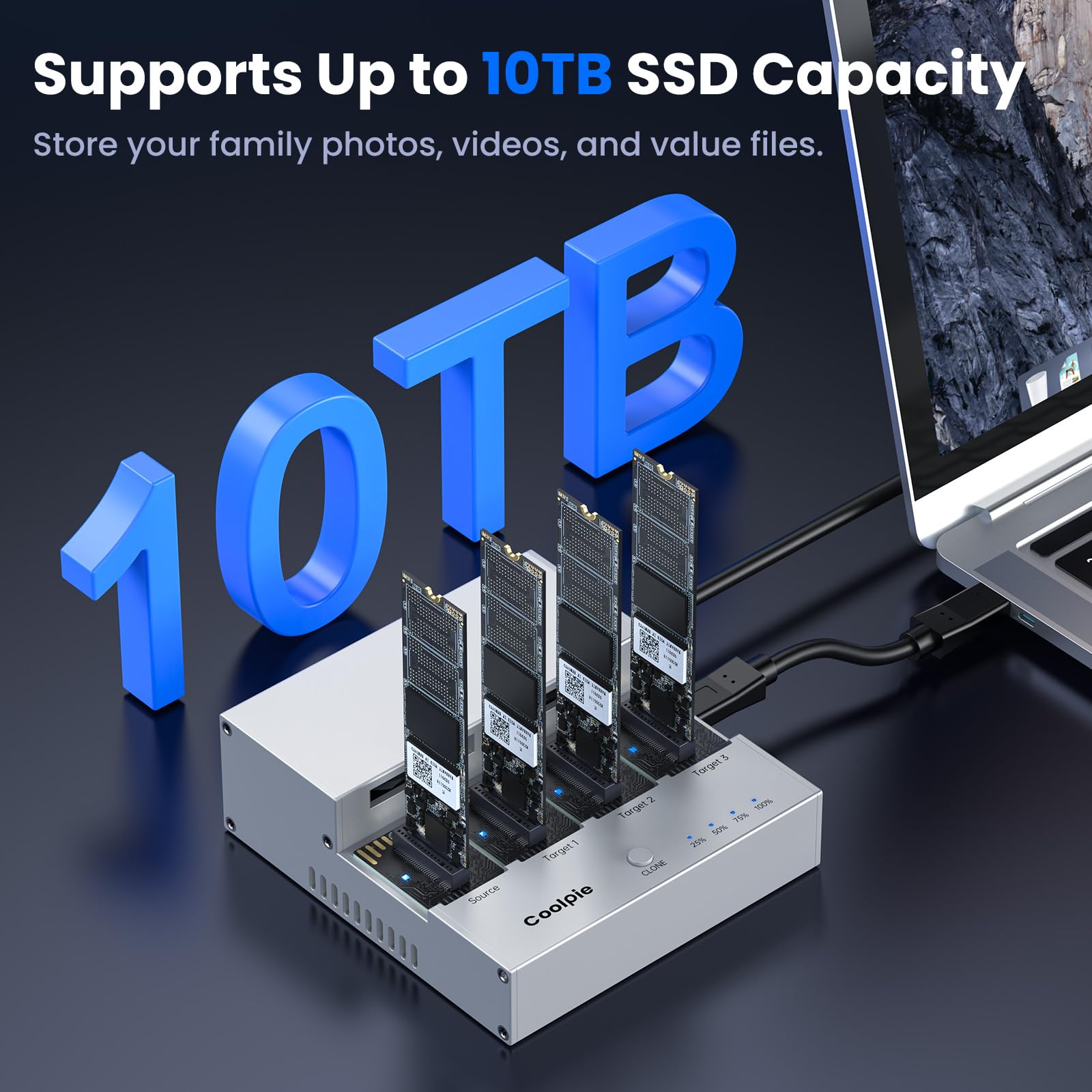 Coolpie CR510 4-Bay M.2 NVMe SSD Cloner - 20Gbps High-Speed Offline Duplicator with Cooling Fans, Tool-Free Design for 2230/2242/2260/2280/22110 SSDs - Perfect for Data Centers, IT Professionals & Secure Backup Solutions