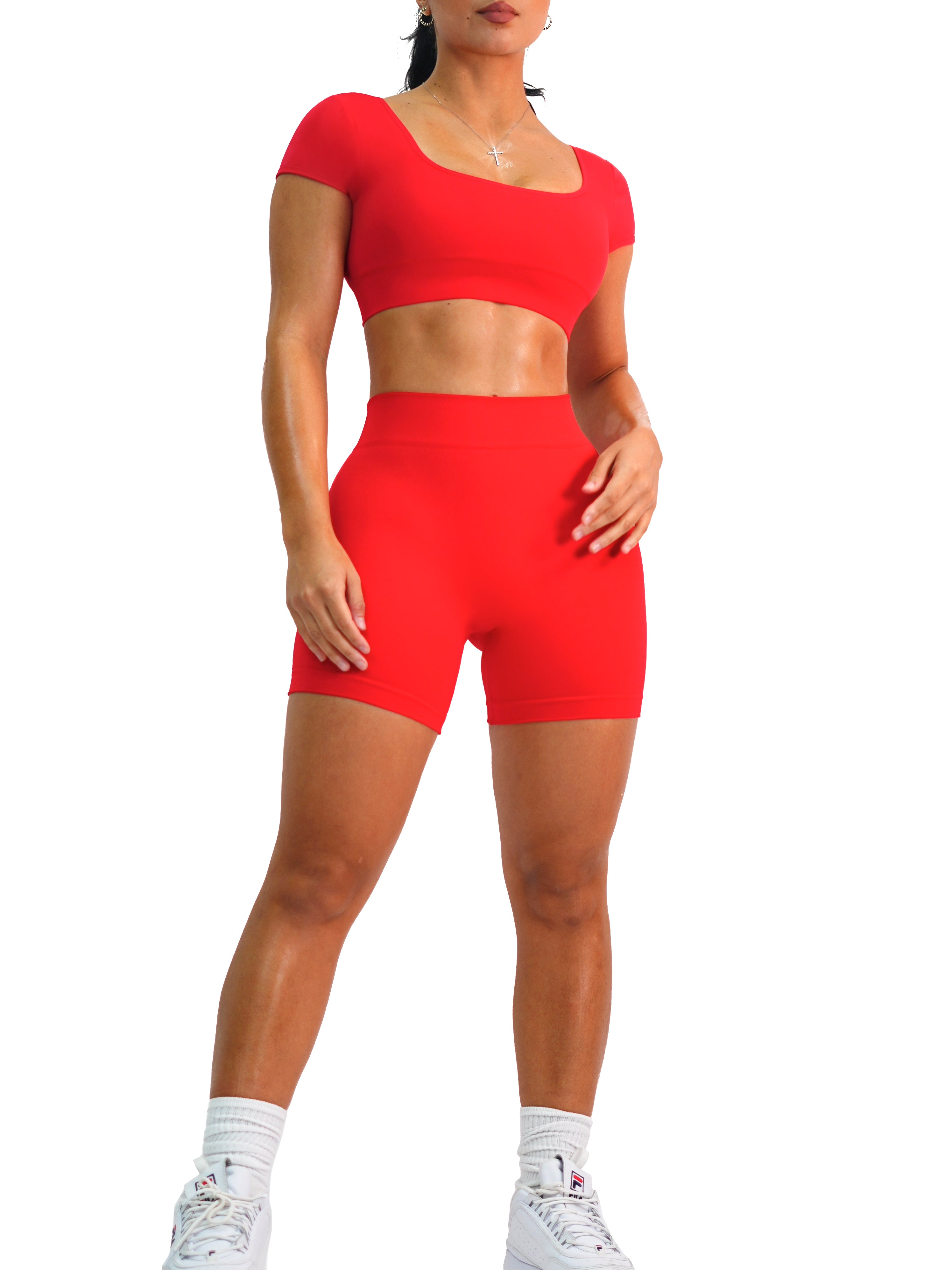 Seamless Low Back Shorts for Women - Lipstick Red High Waist Yoga Shorts - Perfect for Workout, Running, Gym & Lounge Wear