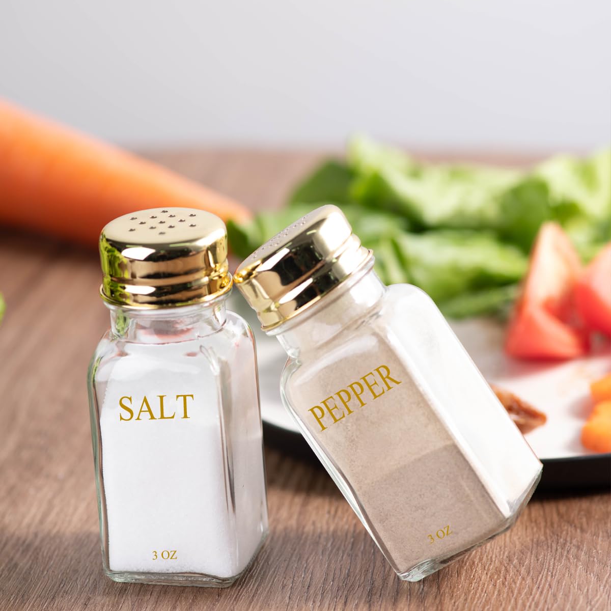 Premium Gold & Clear Glass Salt and Pepper Shakers Set - Modern Kitchen Decor with Stainless Steel Lids - Elegant White & Gold Dining Accessories for Home, Wedding Gift & Restaurant Use - Perfect for Table Setting, Dinner Parties & Everyday Cooking