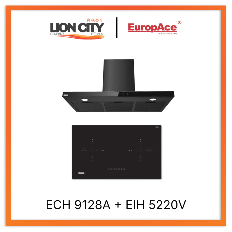 Europace ECH9128A 90cm Premium Stainless Steel T Chimney Hood with EIH5220V 75CM Built-in Induction Hob - Modern Kitchen Ventilation System for Home Cooking & Smoke Extraction