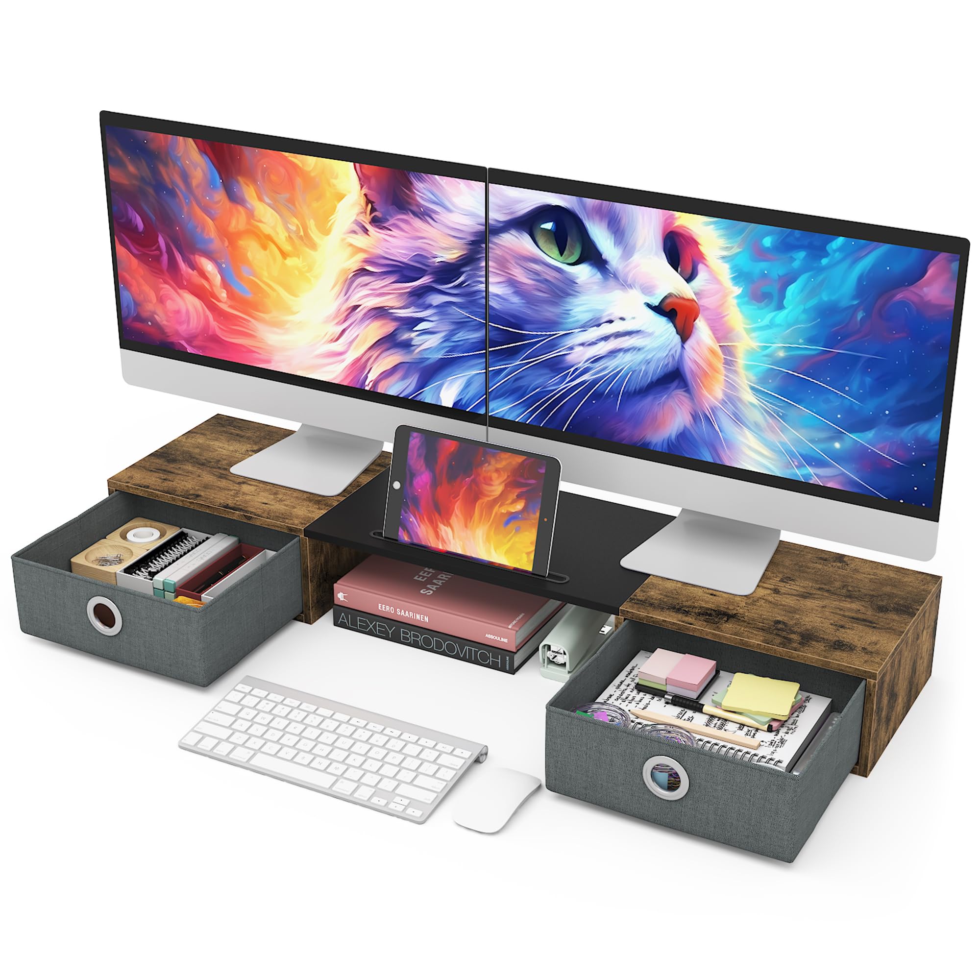 WESTREE Dual Monitor Stand Riser with 2 Drawers - Extra Large Storage for Computer Monitors, Laptop, Printer & TV - Desktop Organizer for Home Office & Gaming Setup