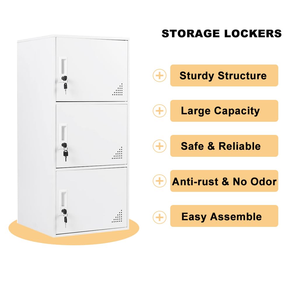 3-Door Metal Locker - Heavy Duty Steel Storage Cabinet with Lock | Secure Vertical Organizer for Office, School, Home & Gym | White Employee Storage Locker for Clothes, Books & Personal Items