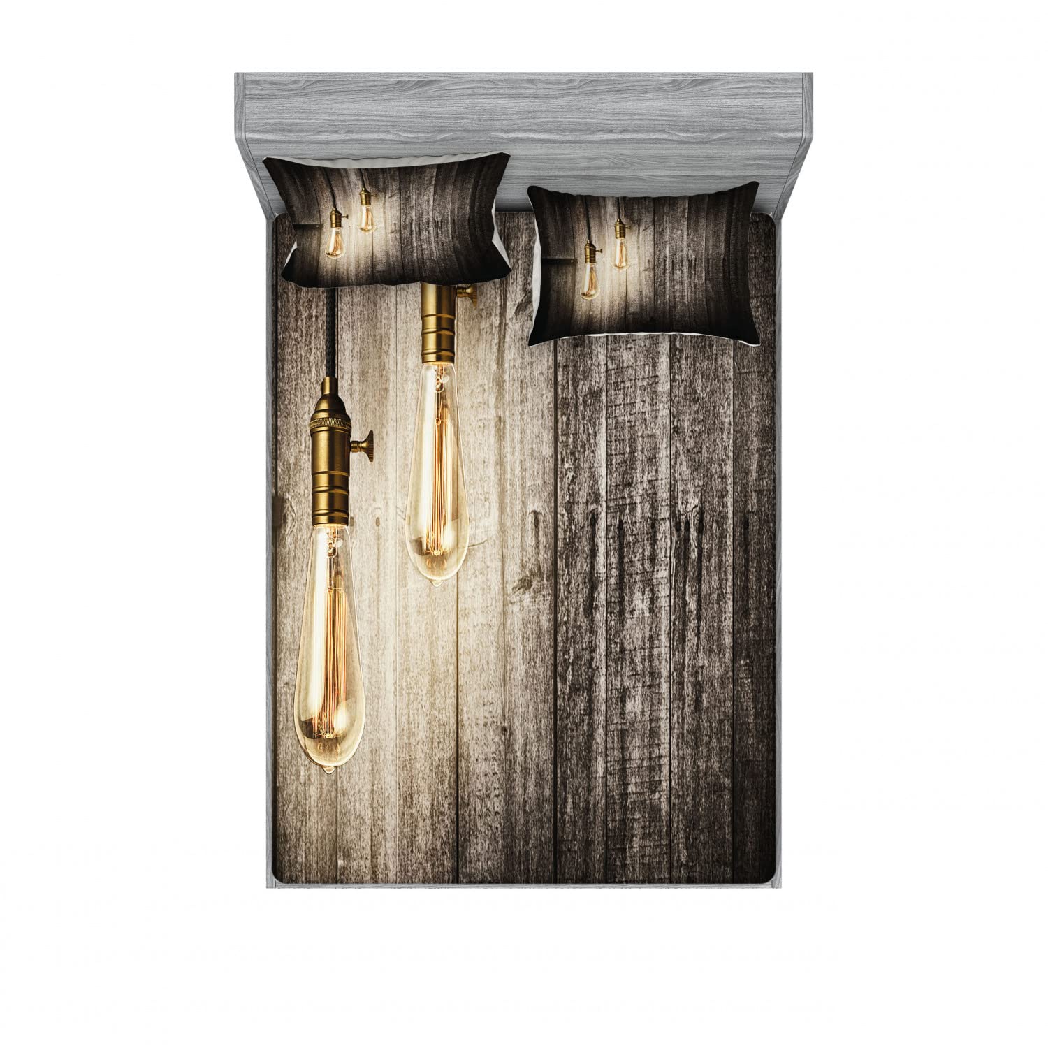 Ambesonne Industrial Style 2-Pack Queen Size Fitted Sheet Set with 4 Pillow Shams - Vintage Electric Retro Design in Pale Yellow Brown - Complete 4-Piece Bedding Set for Modern Bedroom Decor | Perfect for Guest Rooms, Dorms & Industrial Themed Home Decor