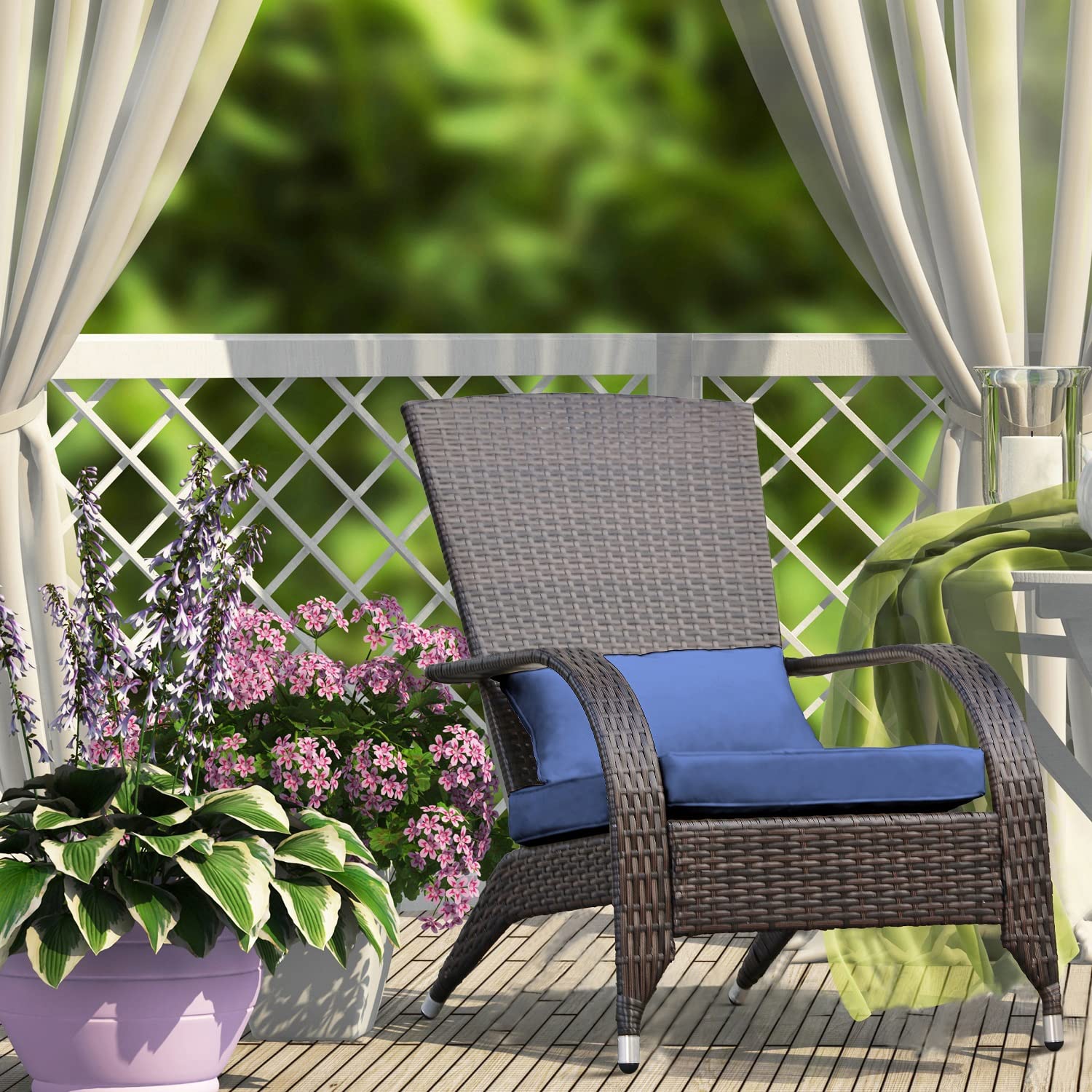Premium Outdoor Wicker Adirondack Chair with Cushion - Oversized Comfortable Rattan Armchair for Patio, Garden, Deck, Porch & Backyard - Navy Blue Fire Pit Seating with Deep Seat & High Back Support