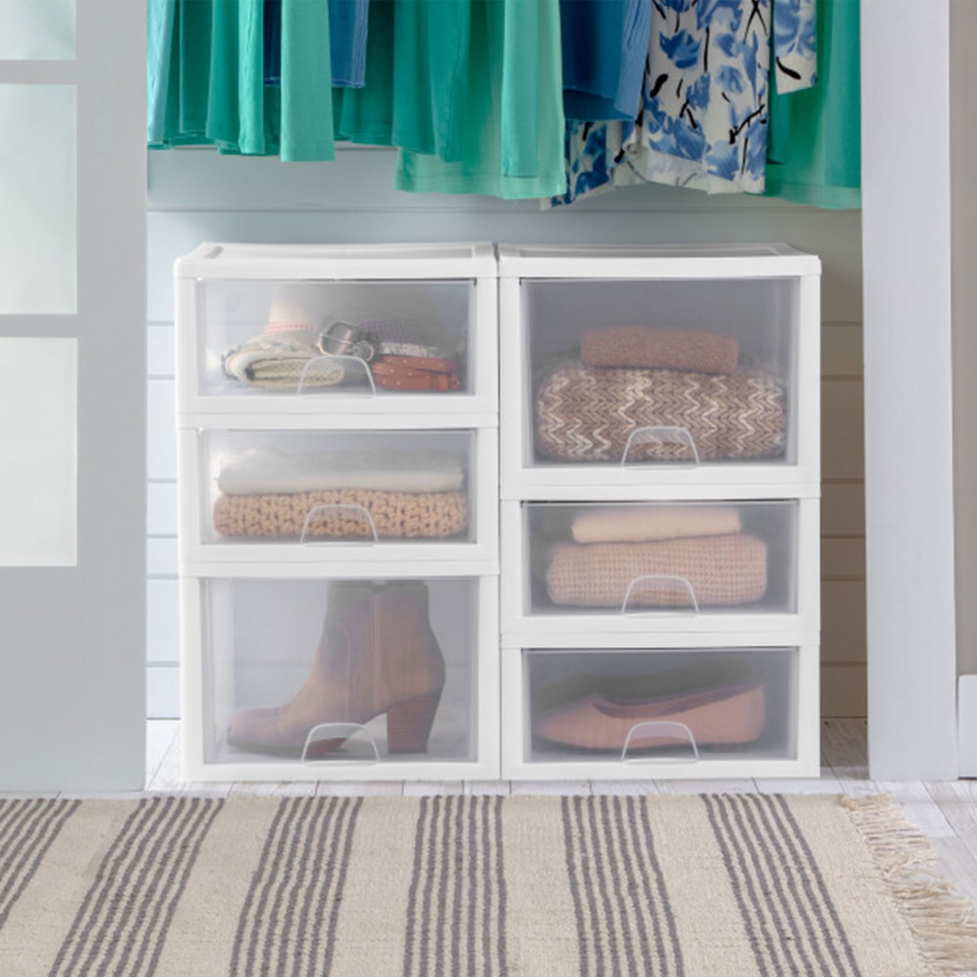 Sterilite 16-Pack Clear Stacking Drawers with White Frame - 27 Quart Plastic Storage Bins for Closet Organization - Perfect for Bedroom, Office, and Garage Storage Solutions