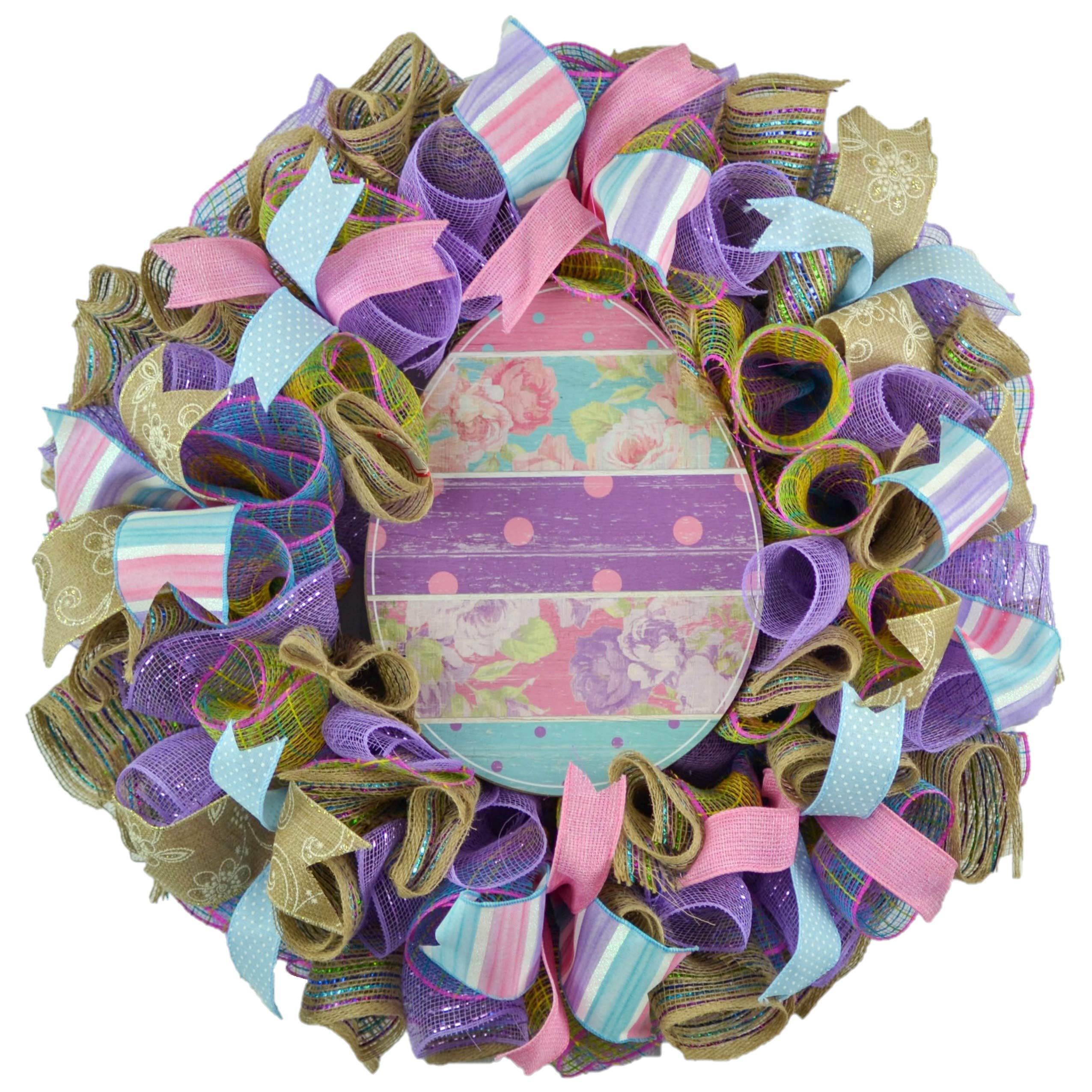 Easter Egg Door Wreath - Farmhouse Burlap Spring Wreath for Front Door - Pink Blue Purple Floral Decor - Perfect for Easter Home Decor, Spring Welcome Decorations & Front Porch Decorating