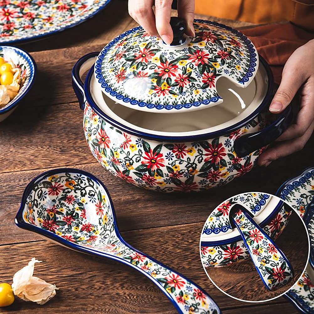Exotic Red Daisy Ceramic Dinnerware Set - 6 Piece Floral Edge Plates, Bowls & Pot for Family Dining | Elegant Tableware for Parties, Holidays & Everyday Use