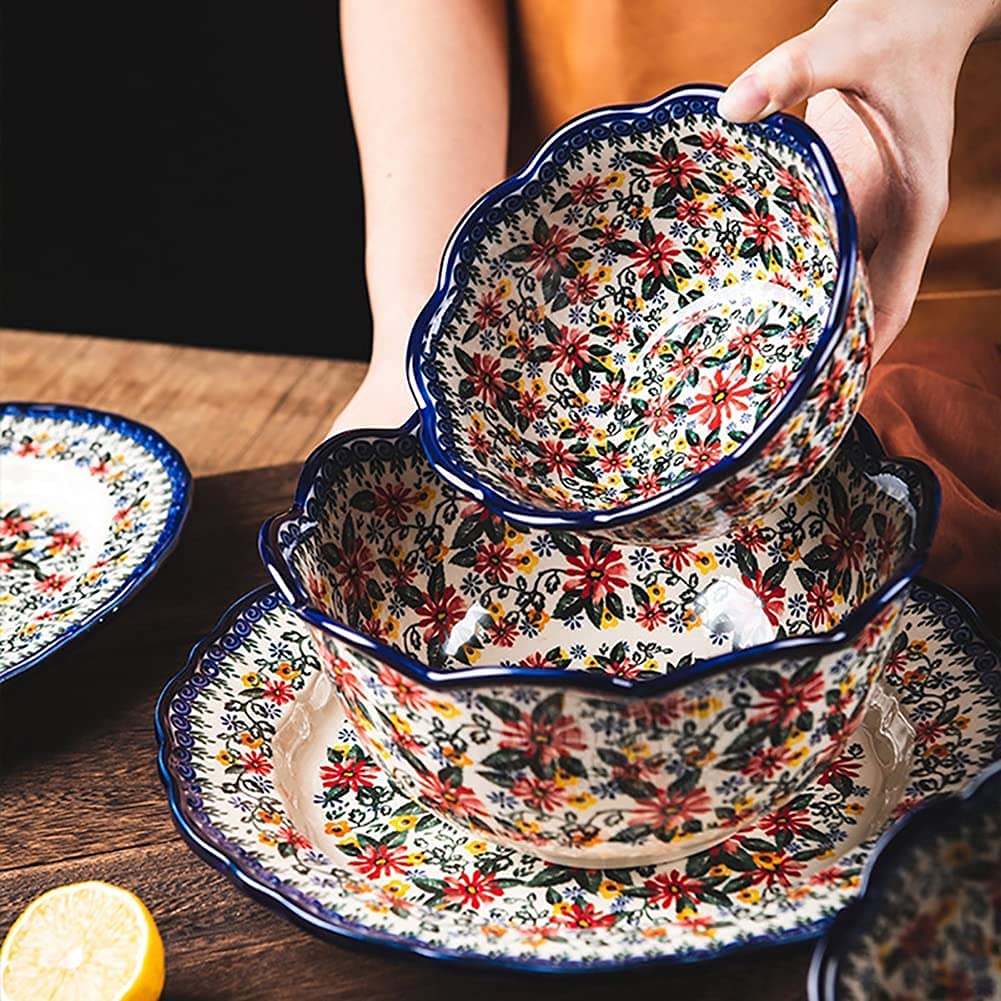 Exotic Red Daisy Ceramic Dinnerware Set - 6 Piece Floral Edge Plates, Bowls & Pot for Family Dining | Elegant Tableware for Parties, Holidays & Everyday Use