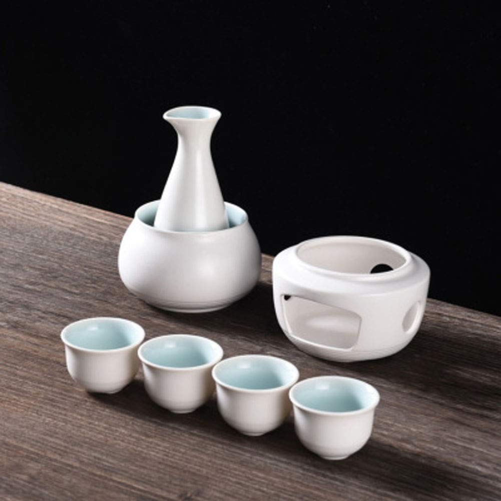 Premium Japanese Sake Warmer Set - 7-Piece Traditional Porcelain Hot Saki Drink Kit with Stove, Warming Bowl, Sake Bottle & 4 Cups (Candle Not Included) - Perfect for Home Entertaining, Japanese Restaurants & Cultural Events