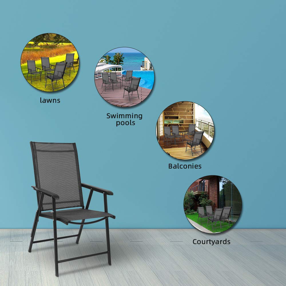 VINGLI Upgraded 4-Pack Folding Chairs with Arms - Portable Outdoor & Indoor Patio Chairs, Lightweight Sling Back Design for Lawn, Pool, Courtyard, Balcony, Garden, Camping, Picnics & BBQs (Black)