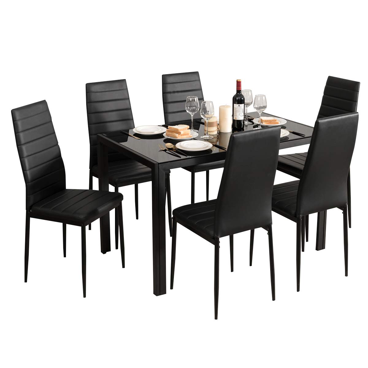 Modern Glass Top Dining Table Set with 6 Leather Padded Chairs - Rectangular Metal Frame Kitchen & Dining Room Furniture for Small Spaces | Perfect for Apartments, Breakfast Nooks & Compact Homes (Black)