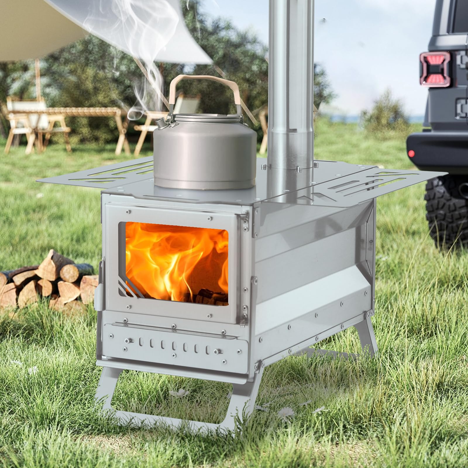Portable Outdoor Wood Burning Stove with Chimney Pipe - Camping Stove for Cooking, Backpacking & Tent Use - Includes Viewing Glass for Flame Monitoring