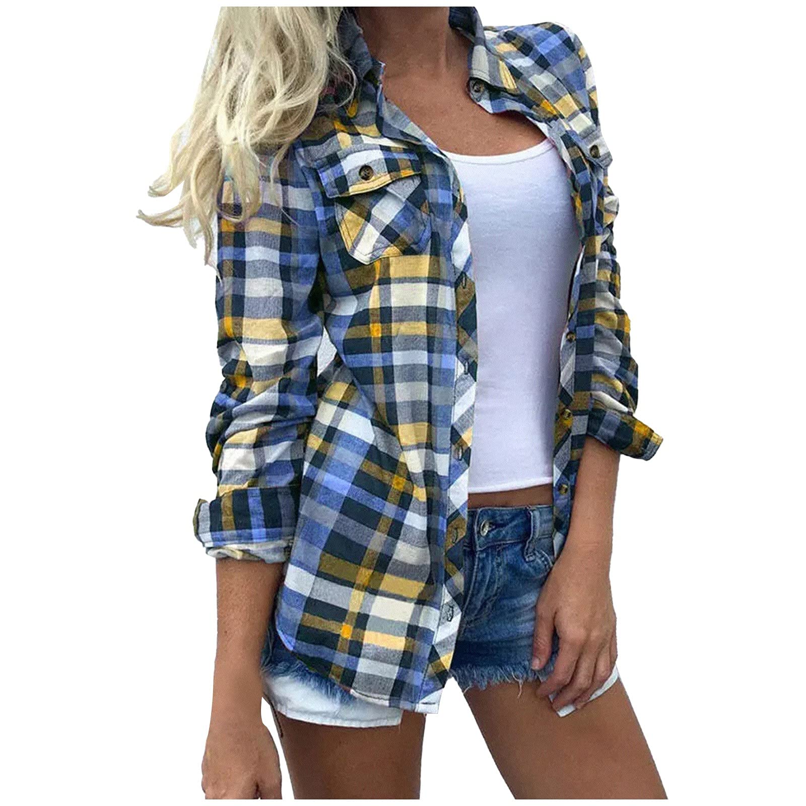 Women's Long Kimono Cardigan with Lapel - Digital Plaid Print, Long Sleeves & Pockets - Stylish Button-Up Blouse for Casual Wear, Office & Fall Fashion