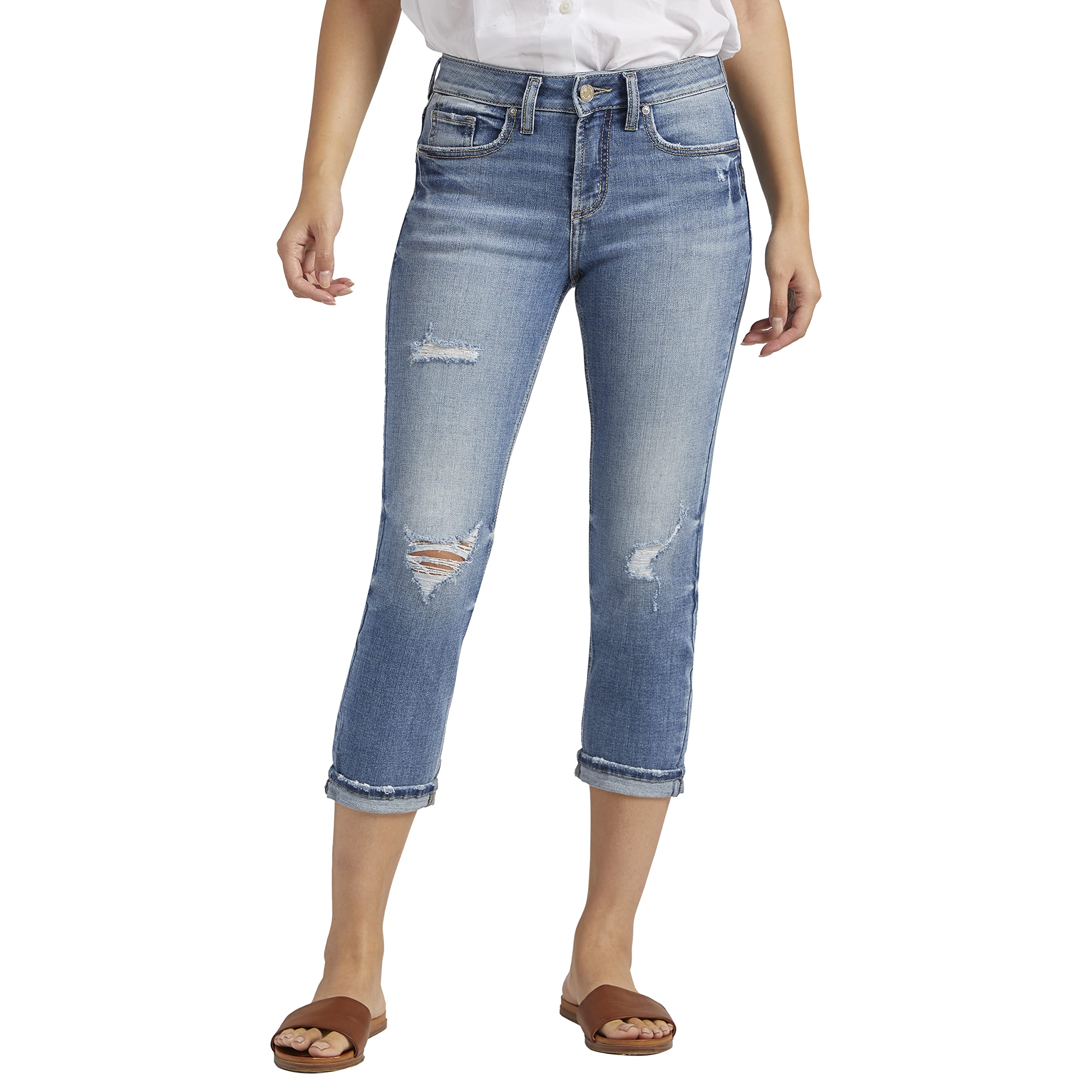 Silver Jeans Co. Women's Suki Mid Rise Capri Jeans - Stretch Denim Pants for Casual Wear & Summer Outfits | Comfortable Slim Fit Ankle-Length Jeans for Women