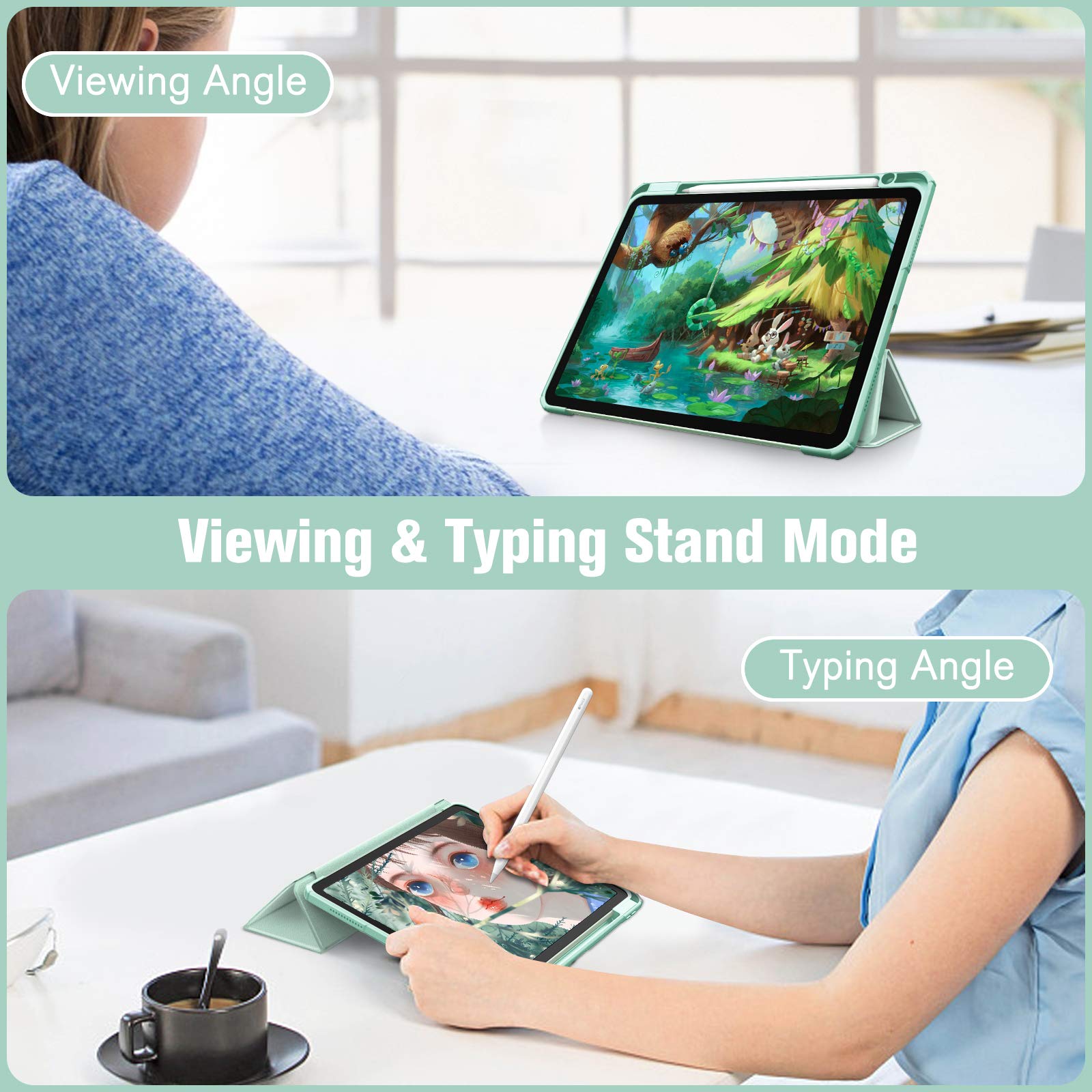 FINTIE Hybrid Shockproof Case for iPad Air 11 Inch (M3 2025/M2 2024) & 5th/4th Gen (2022/2020) - Slim Clear Protective Cover with Apple Pencil Holder & Auto Wake/Sleep Feature - Green | Perfect for Work, School & Travel Protection