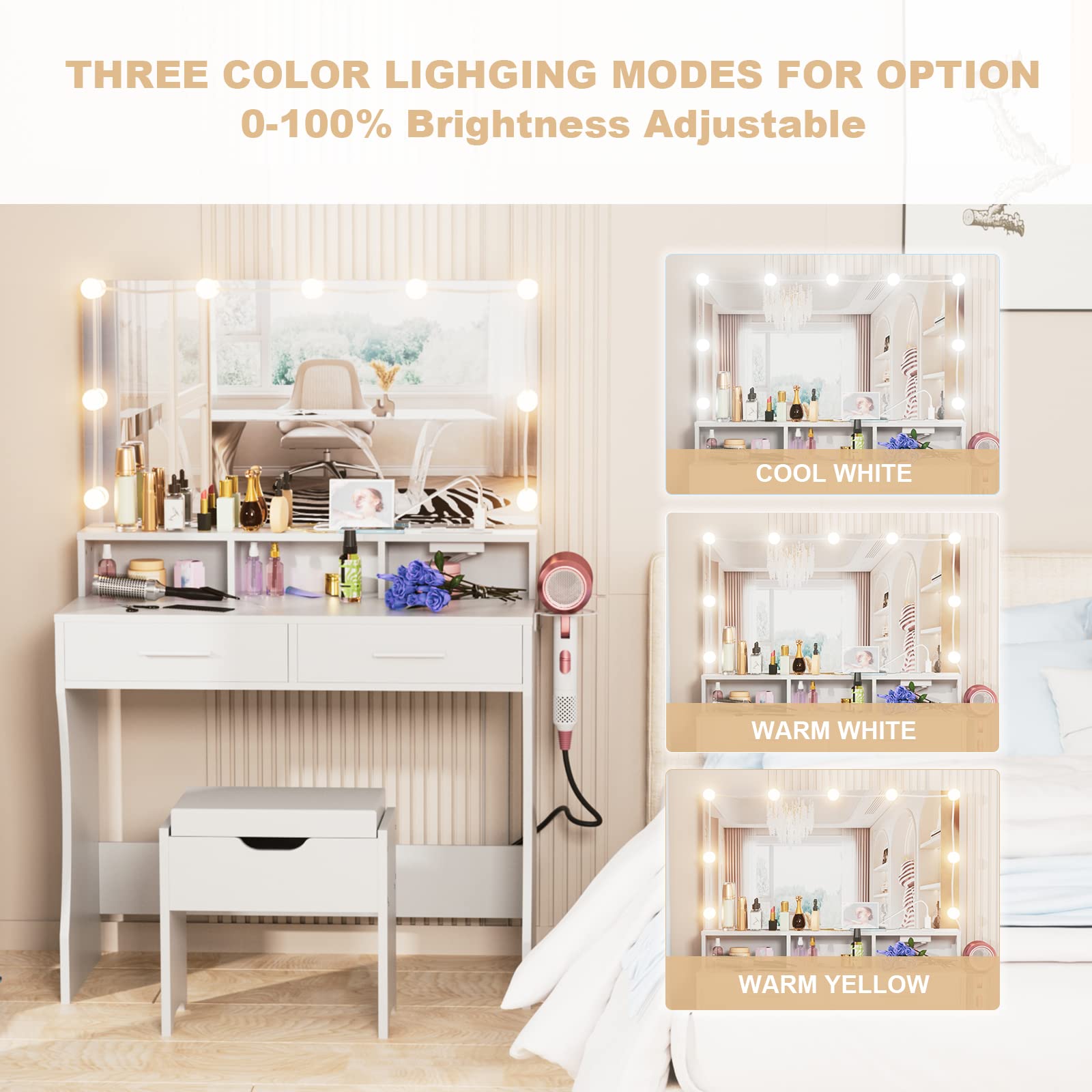 Vabches Makeup Vanity with LED Lighted Mirror & USB Outlet Charging Station - White Vanity Table with 3 Color Lighting Modes & Adjustable Brightness, 31.5 Inch Wide - Perfect for Bedroom, Dressing Room & Home Salon Makeup Application