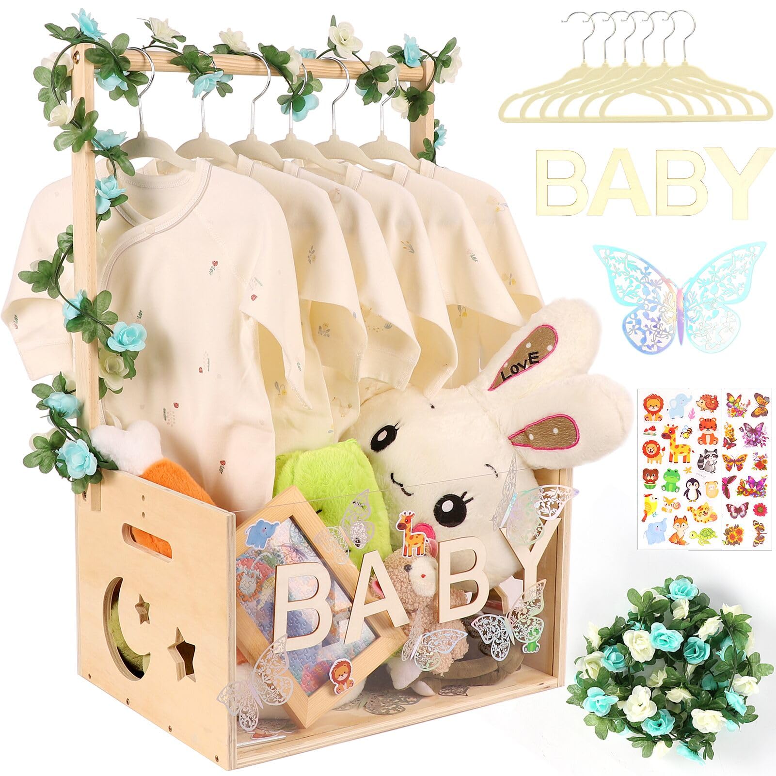 Custom Wooden Baby Shower Gift Crate with Hanger Rack - Personalized Nursery Storage Organizer for Newborns - Perfect Baby Shower Gift Basket for New Parents - Ideal for Nursery Decor & Baby Clothes Organization