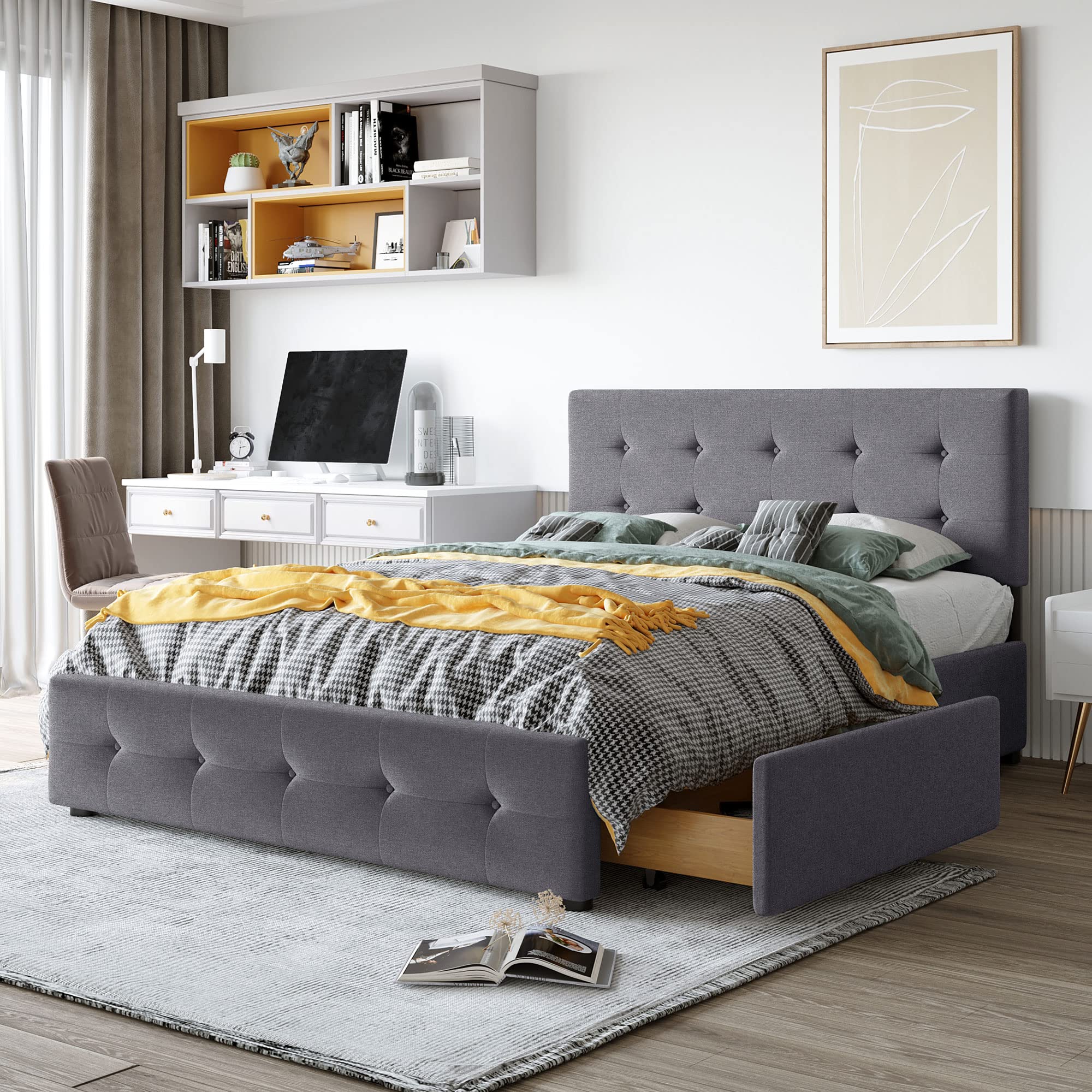 Queen Upholstered Platform Bed Frame with Storage & Headboard - Dark Grey for Modern Bedrooms